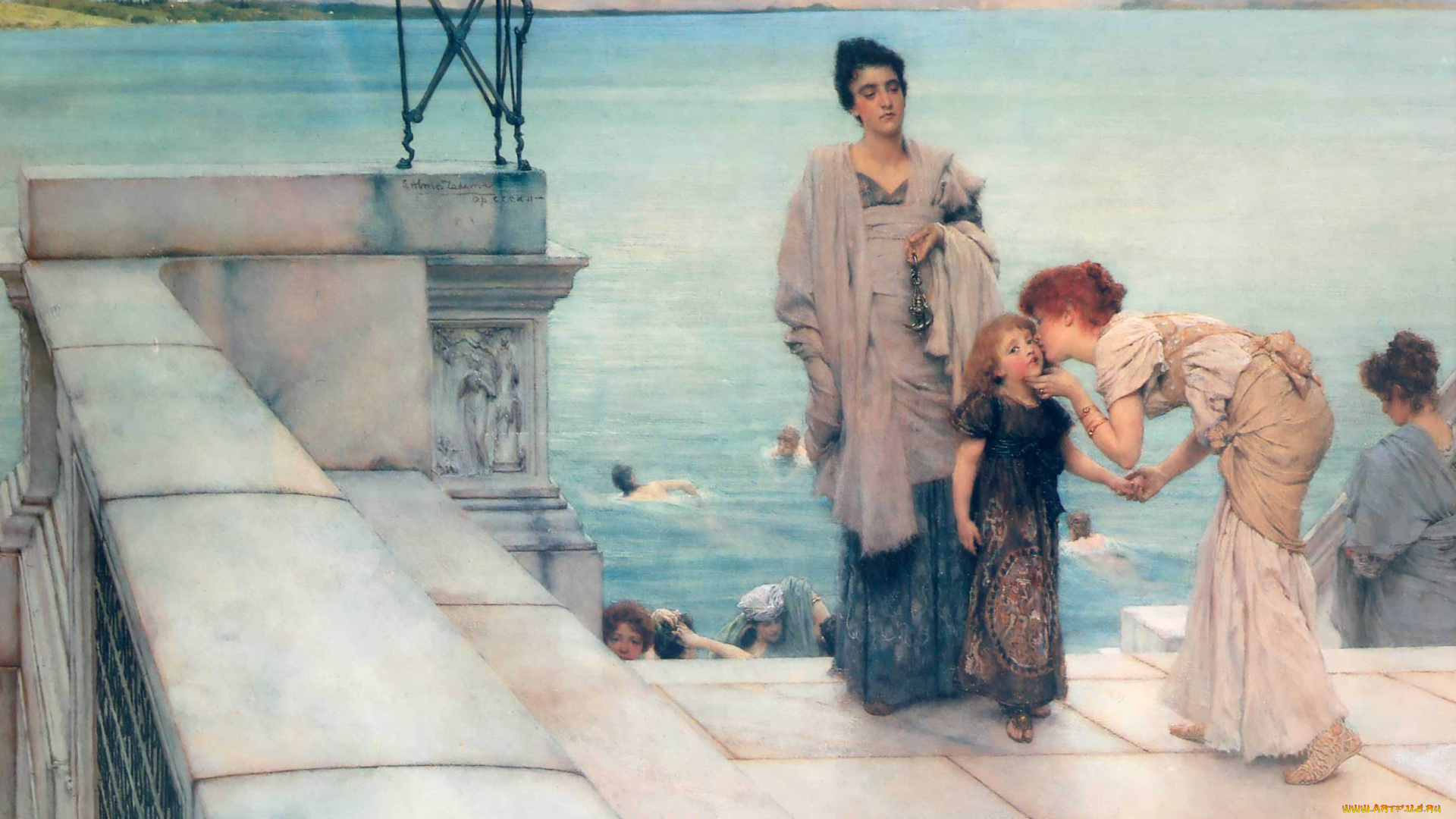 lawrence, alma, tadema, рисованное, lawrence, alma-tadema, ступени, ребенок, поцелуй, женщины, озеро, мрамор