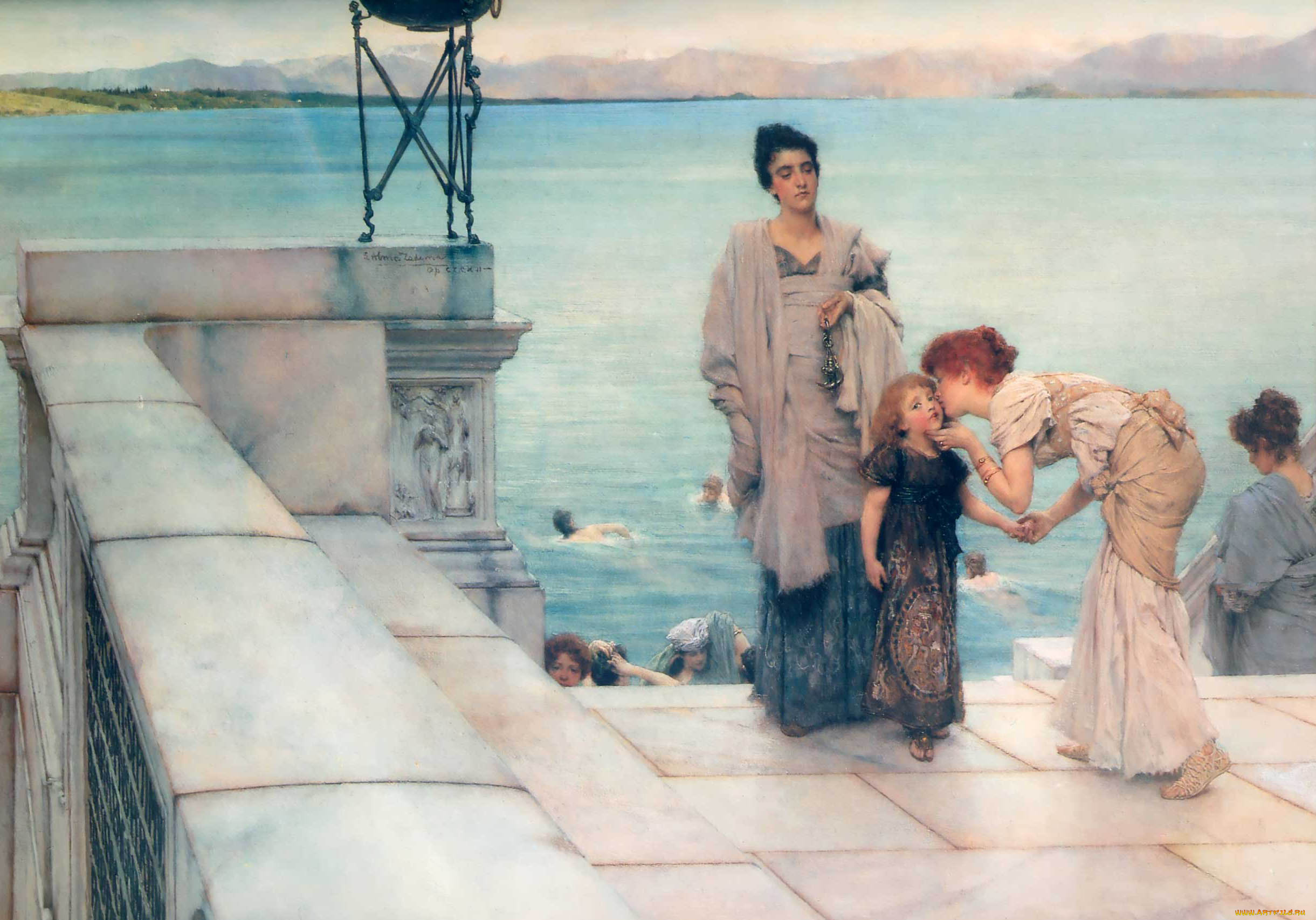 lawrence, alma, tadema, рисованное, lawrence, alma-tadema, ступени, ребенок, поцелуй, женщины, озеро, мрамор