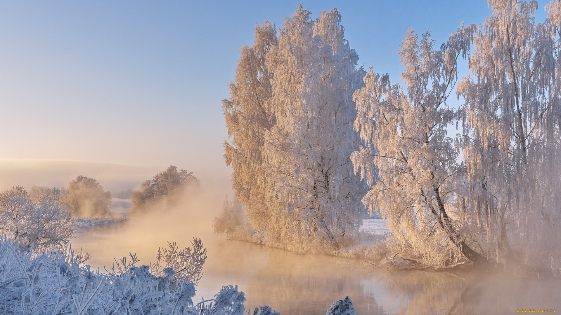 природа, зима, снег, река