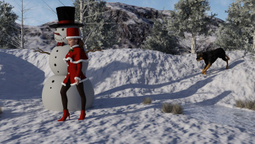 Картинка 3д+графика праздники+ holidays девушка снеговик собака фон взгляд