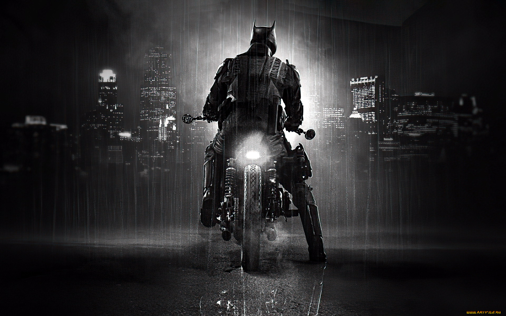 кино, фильмы, the, batman, бэтмен, мотоцикл, город, дождь