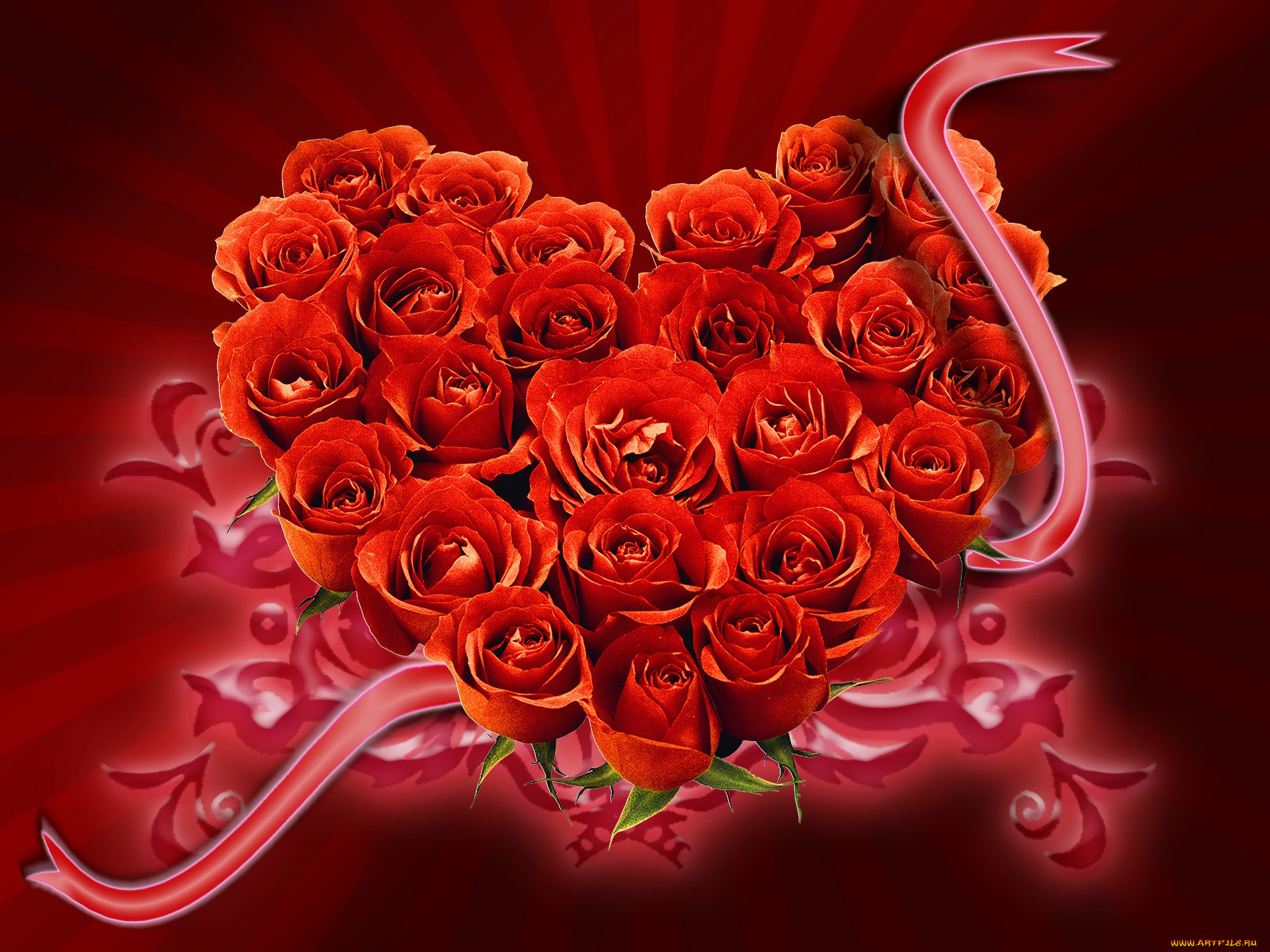 праздничные, день, святого, валентина, , сердечки, , любовь, розы, лента