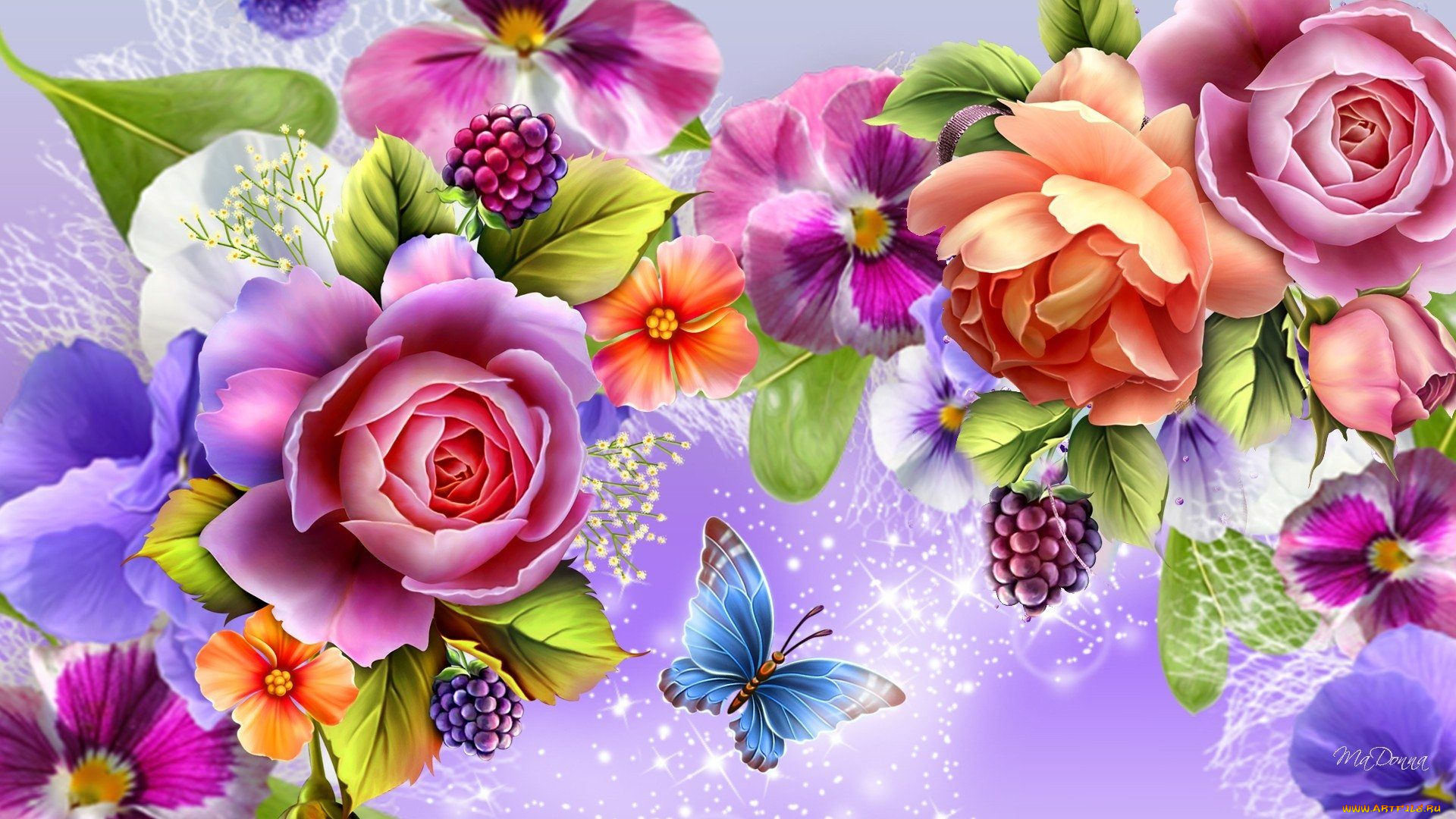 рисованное, цветы, ягоды, бабочка