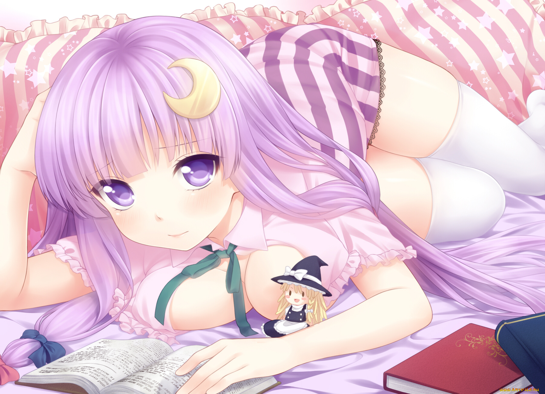 аниме, touhou, постель, книги, девушка, patchouli, knowledge, kirisame, marisa