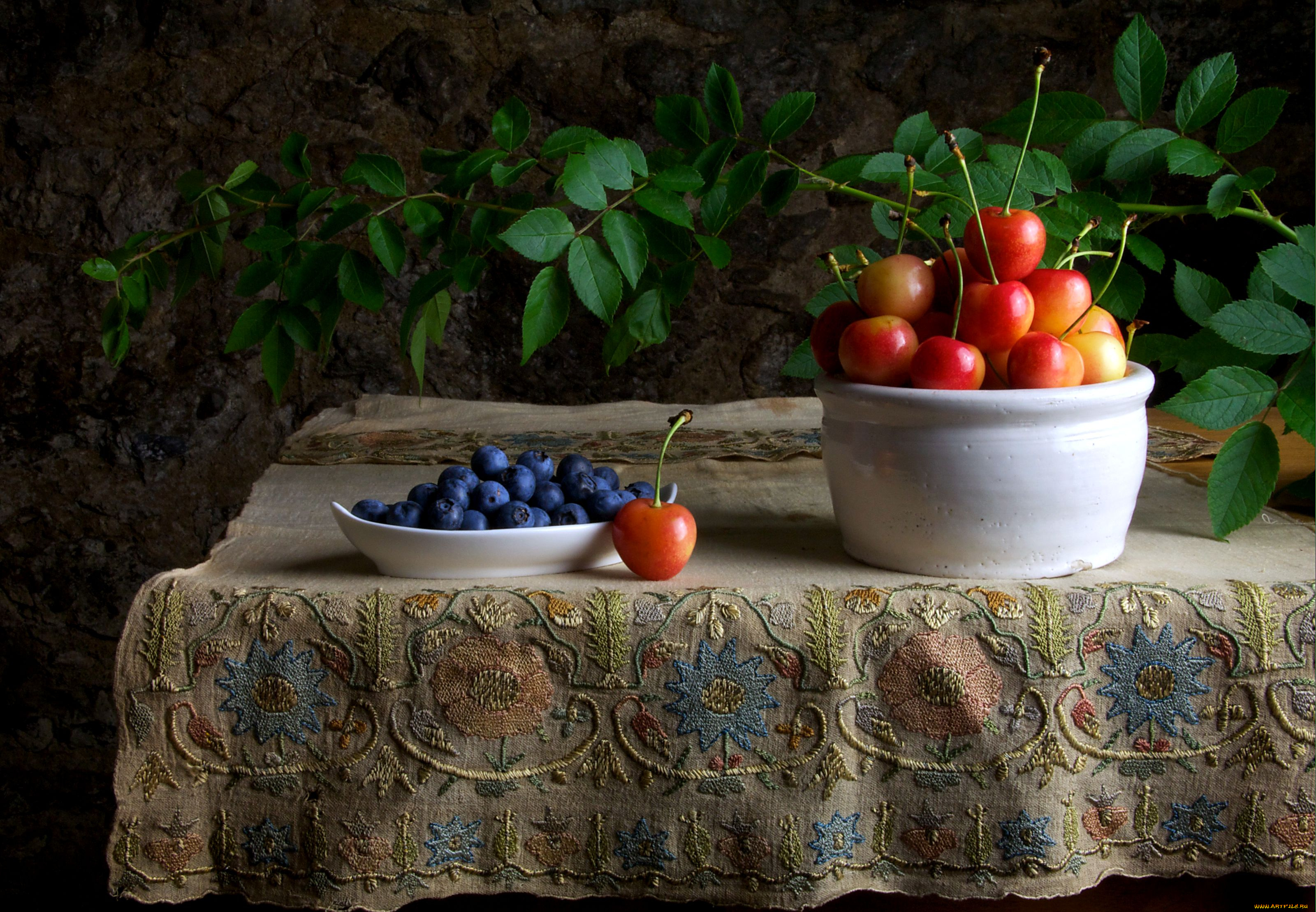 еда, фрукты, ягоды, скатерть, стол, голубика, черешня
