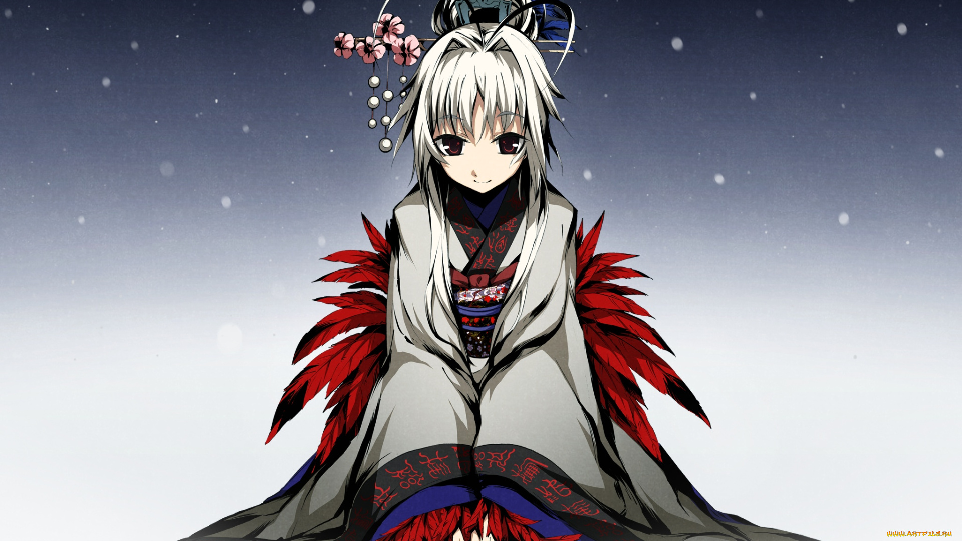 аниме, kajiri, kamui, kagura, снег, g, yuusuke, девушка, перья, украшение, цветы, кимоно, заколка