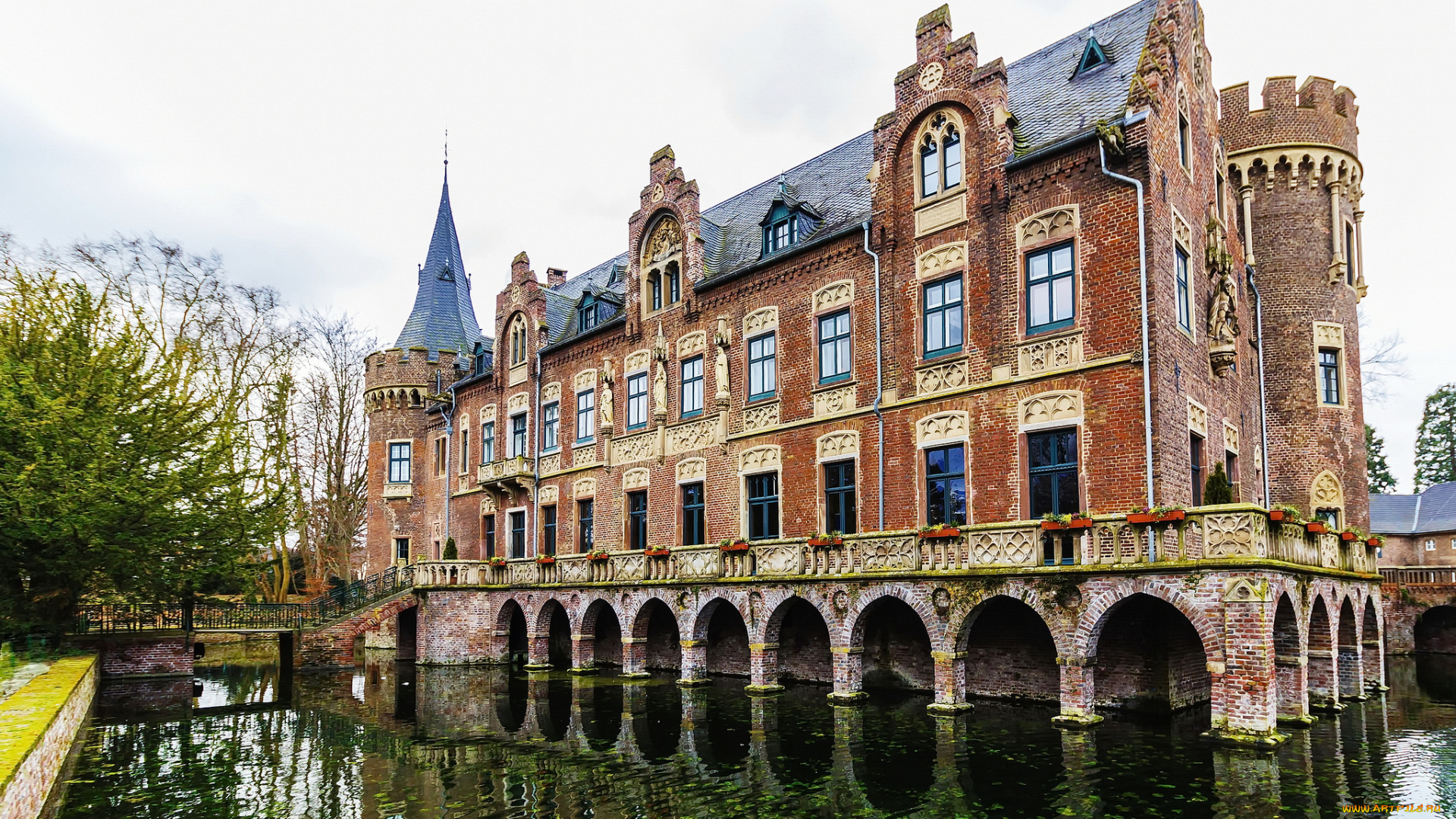 castle, paffendorf, города, замки, германии, замок, водоем, башни