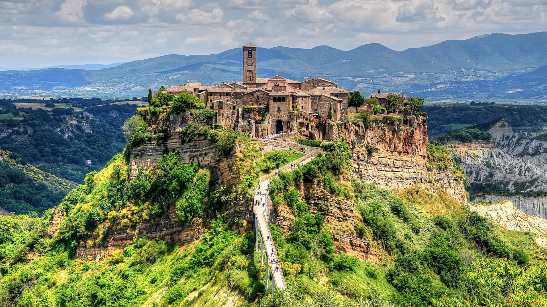 civita, di, bagnoregio, города, -, пейзажи, холм, дорога, деревня, плато