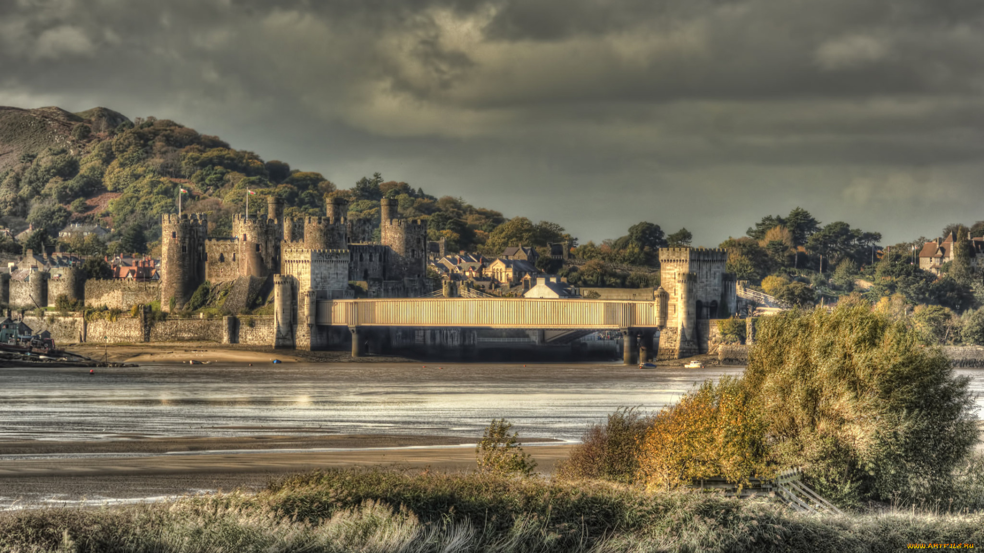 conwy, castle, города, замки, англии, мост, река, замок