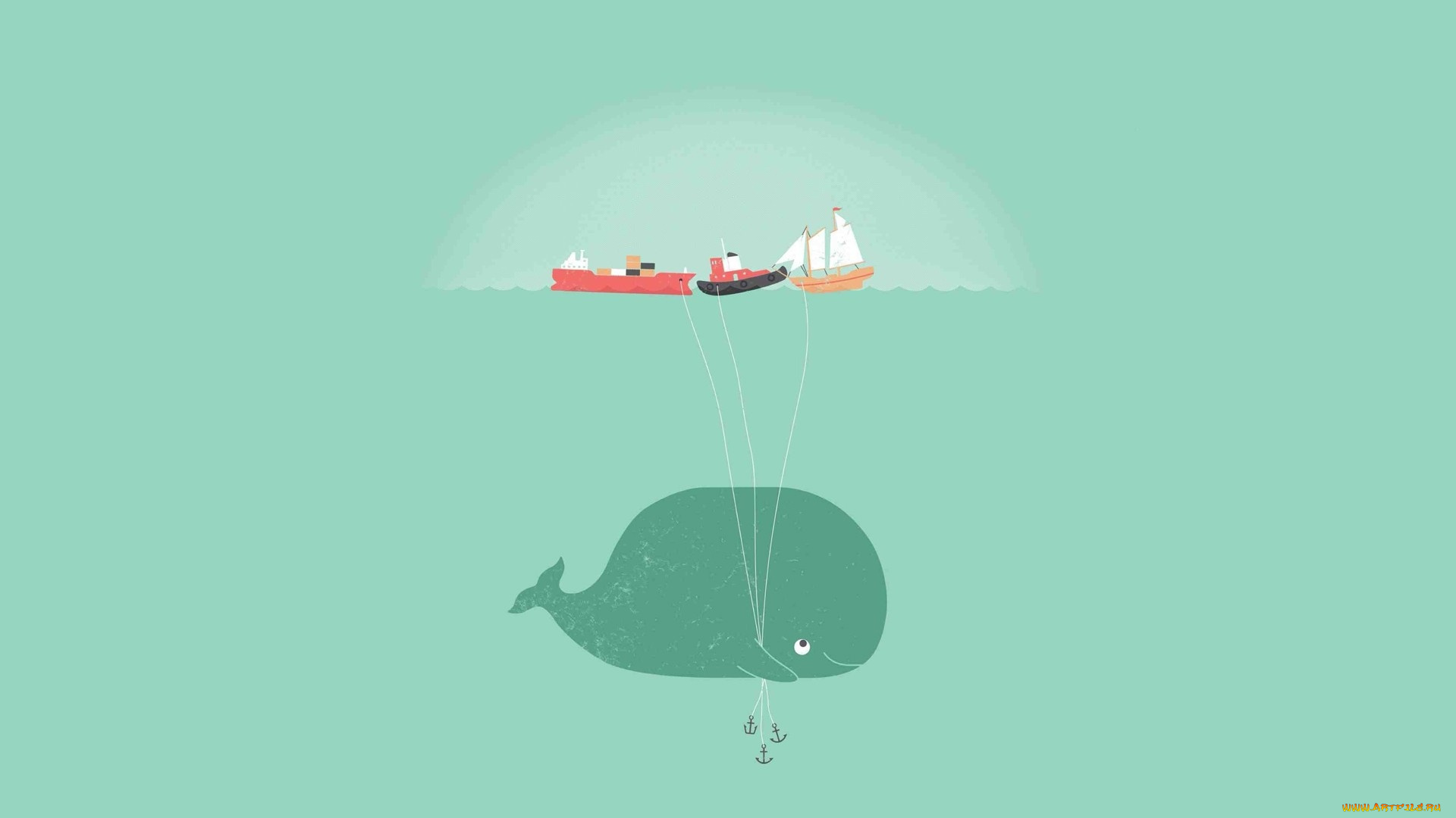 минимализм, рисованное, море, корабли, кит
