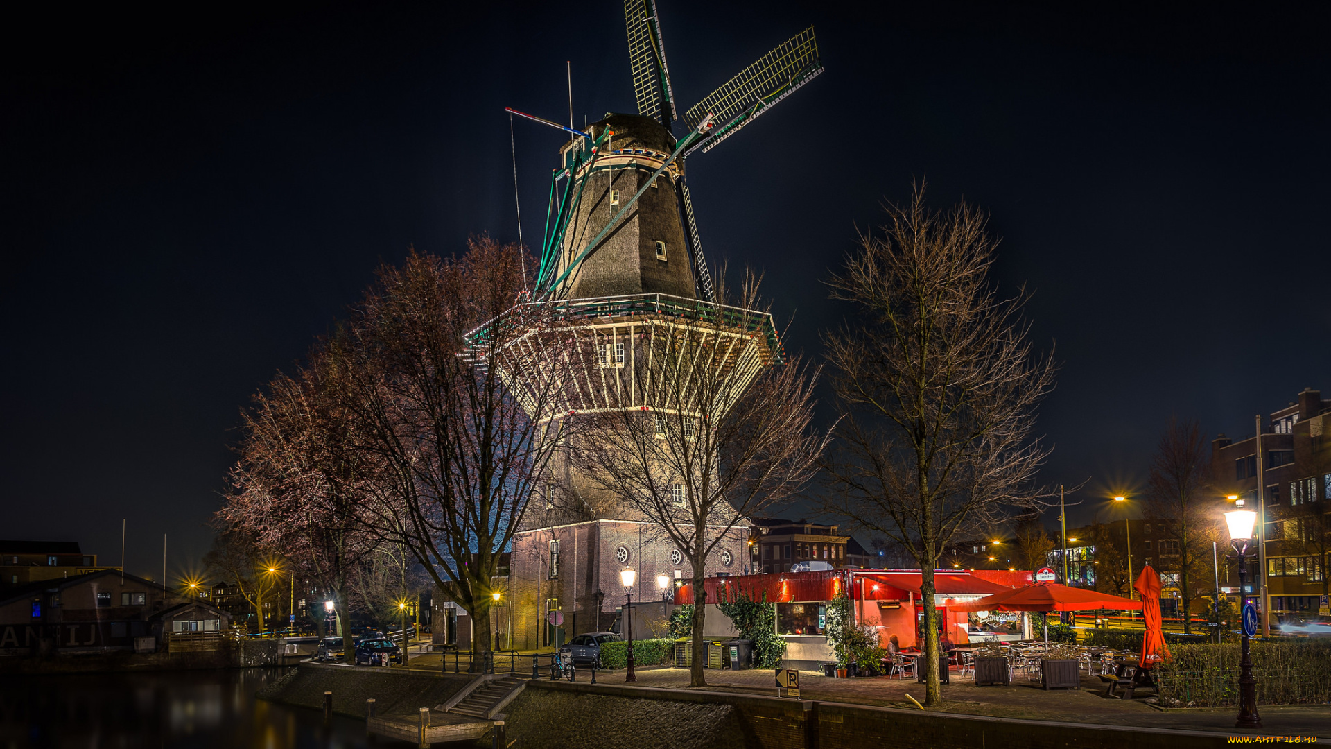 windmill, in, the, middle, of, the, city, of, amsterdam, города, амстердам, , нидерланды, ночь, огни, мельница, набережная