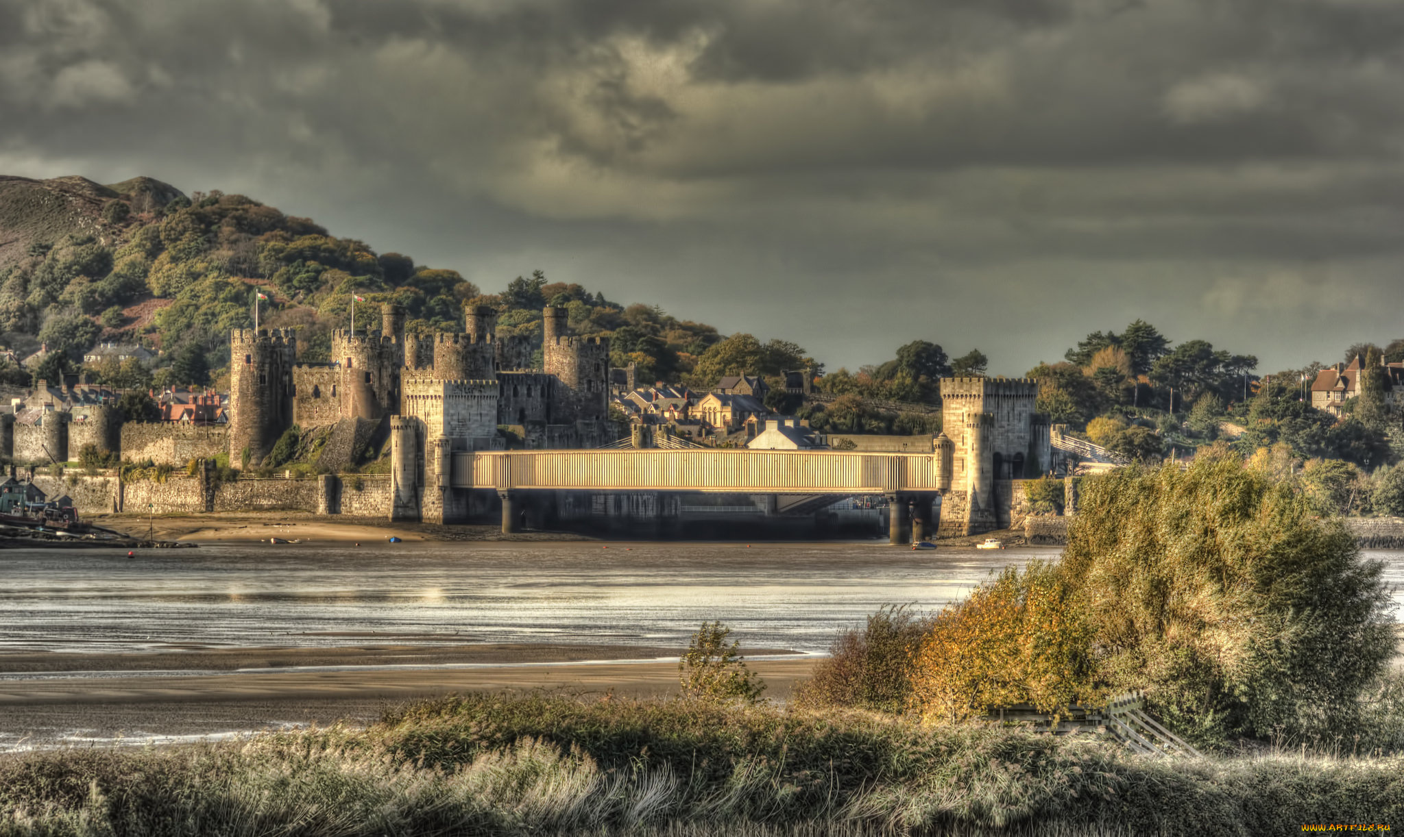 conwy, castle, города, замки, англии, мост, река, замок