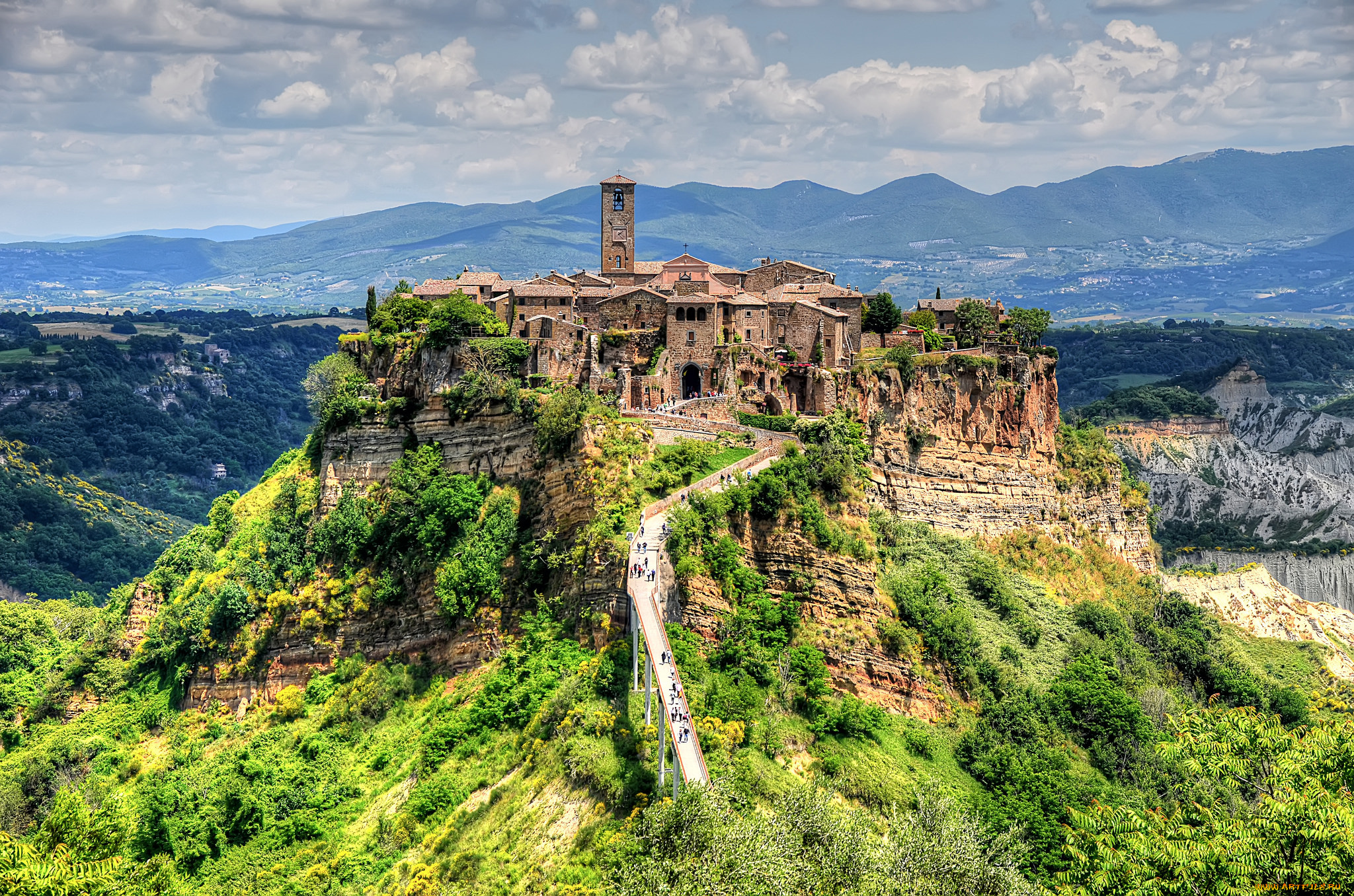 civita, di, bagnoregio, города, -, пейзажи, холм, дорога, деревня, плато