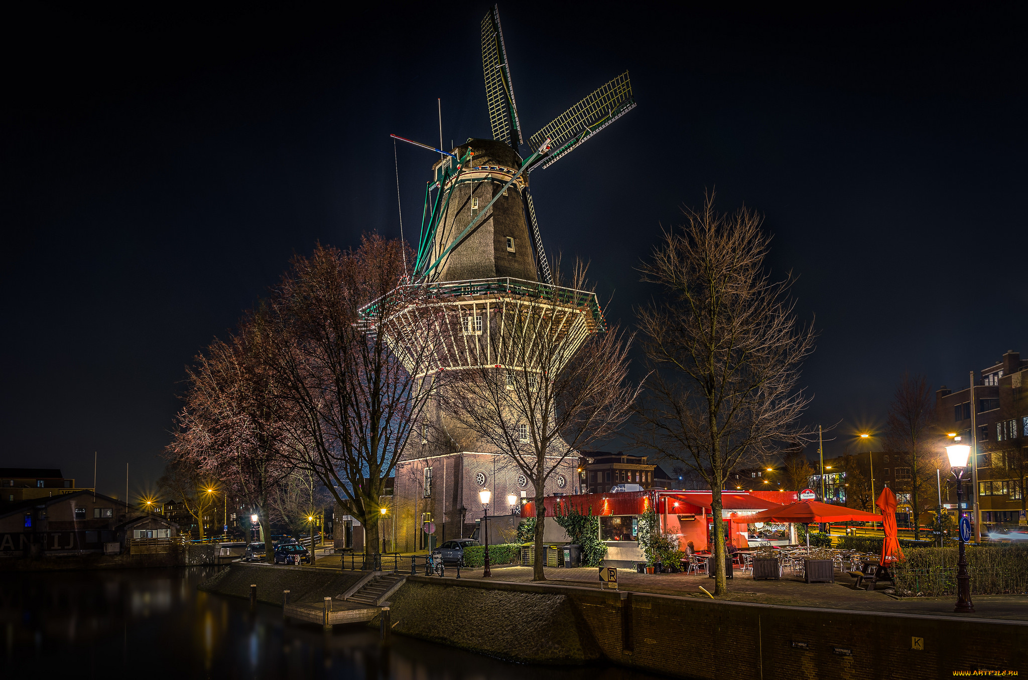 windmill, in, the, middle, of, the, city, of, amsterdam, города, амстердам, , нидерланды, ночь, огни, мельница, набережная