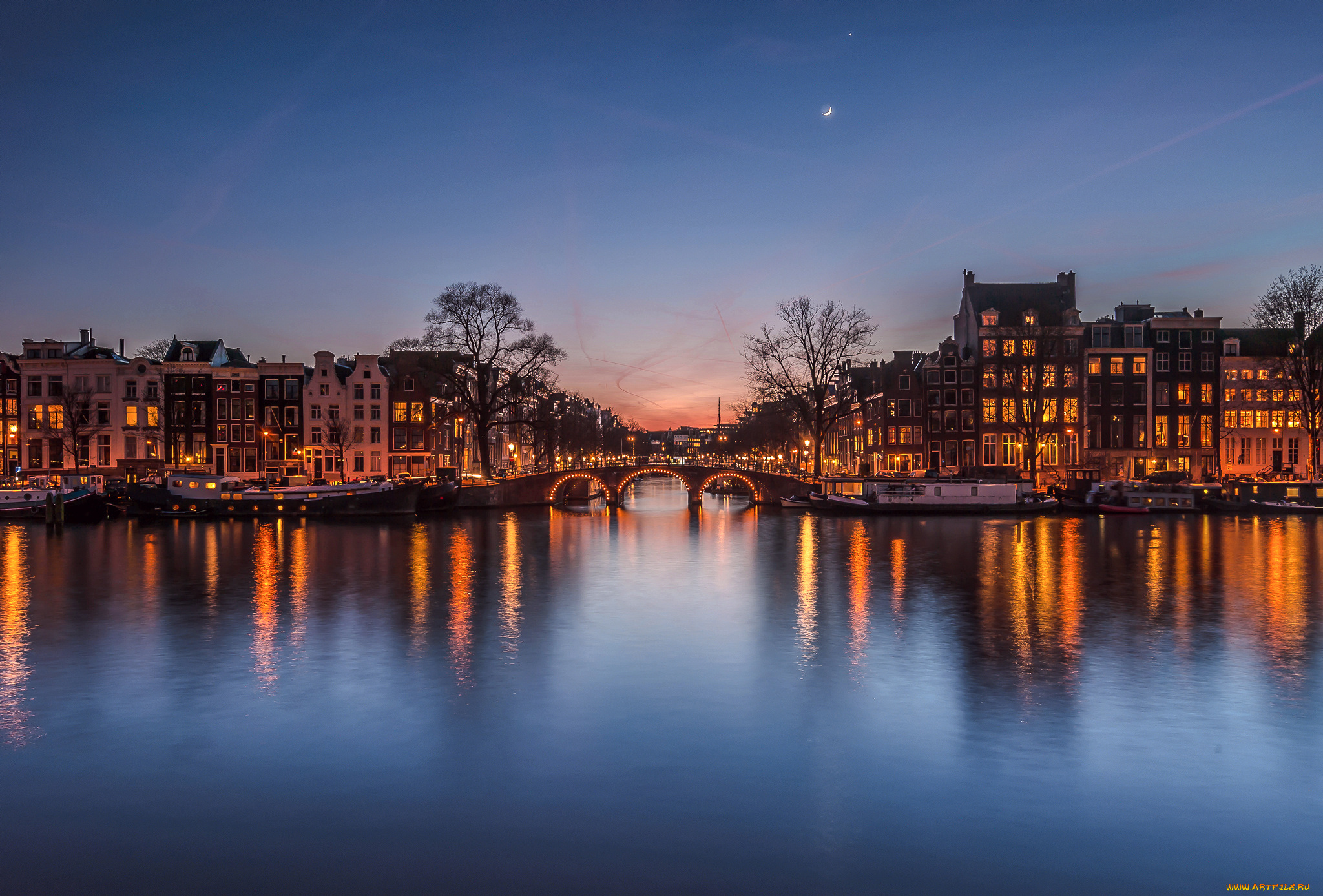 города, -, пейзажи, огни, небо, дома, луна, после, заката, вечер, город, нидерланды, мост, канал