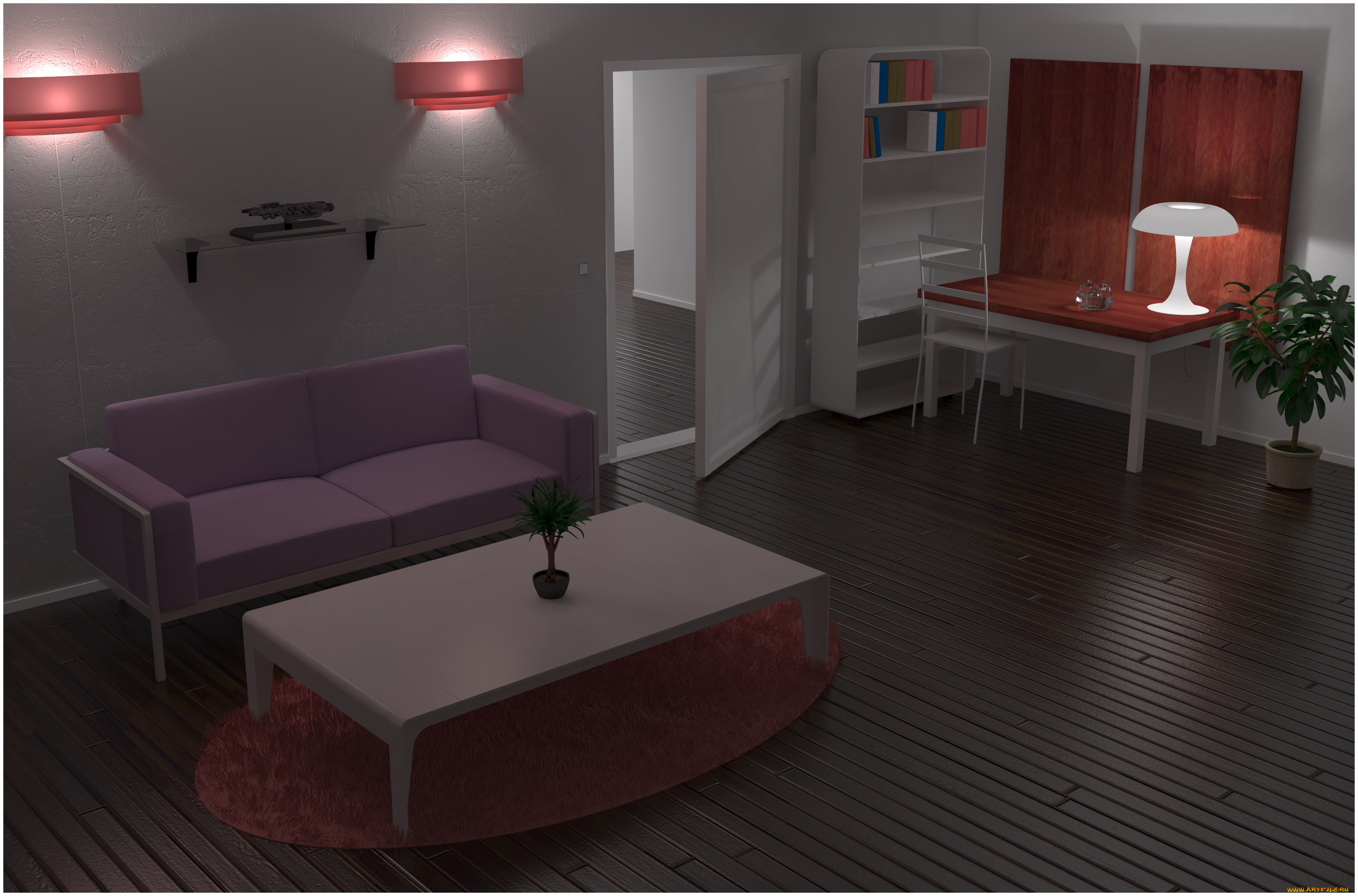 3д, графика, реализм, , realism, стол, диван, комната, стул, светильник