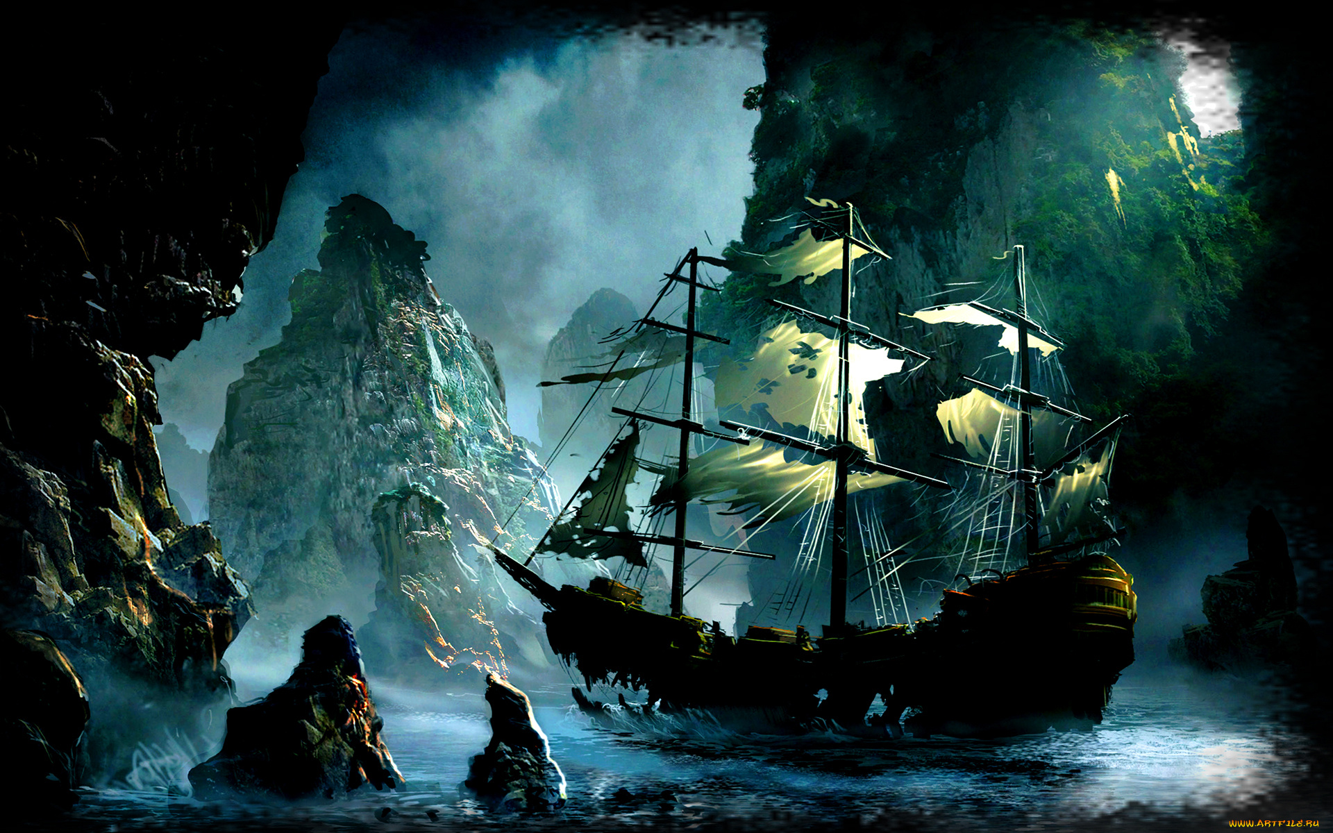 ghost-ship, фэнтези, корабли, пиратский, грот, корабль, призрак