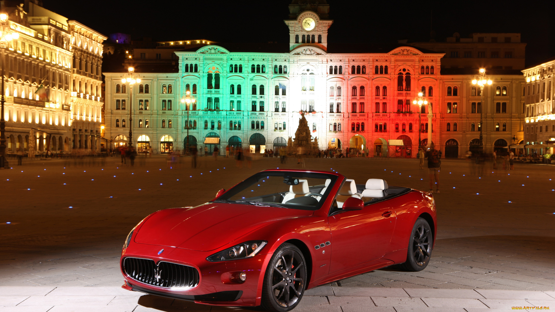 2011, maserati, grancabrio, sport, автомобили, maserati, ночь, красный, sport, grancabrio, площадь