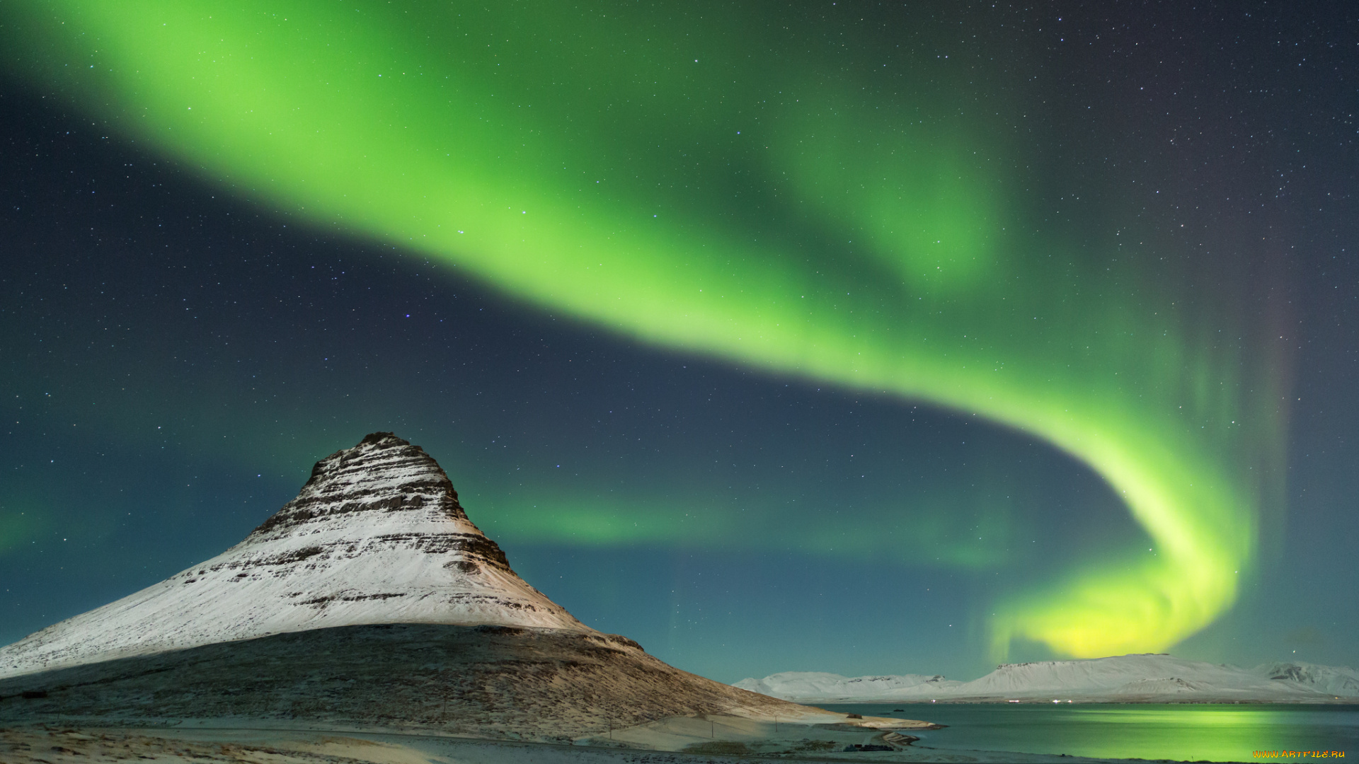 природа, северное, сияние, исландия, kirkjufell, гора, снег, ночь