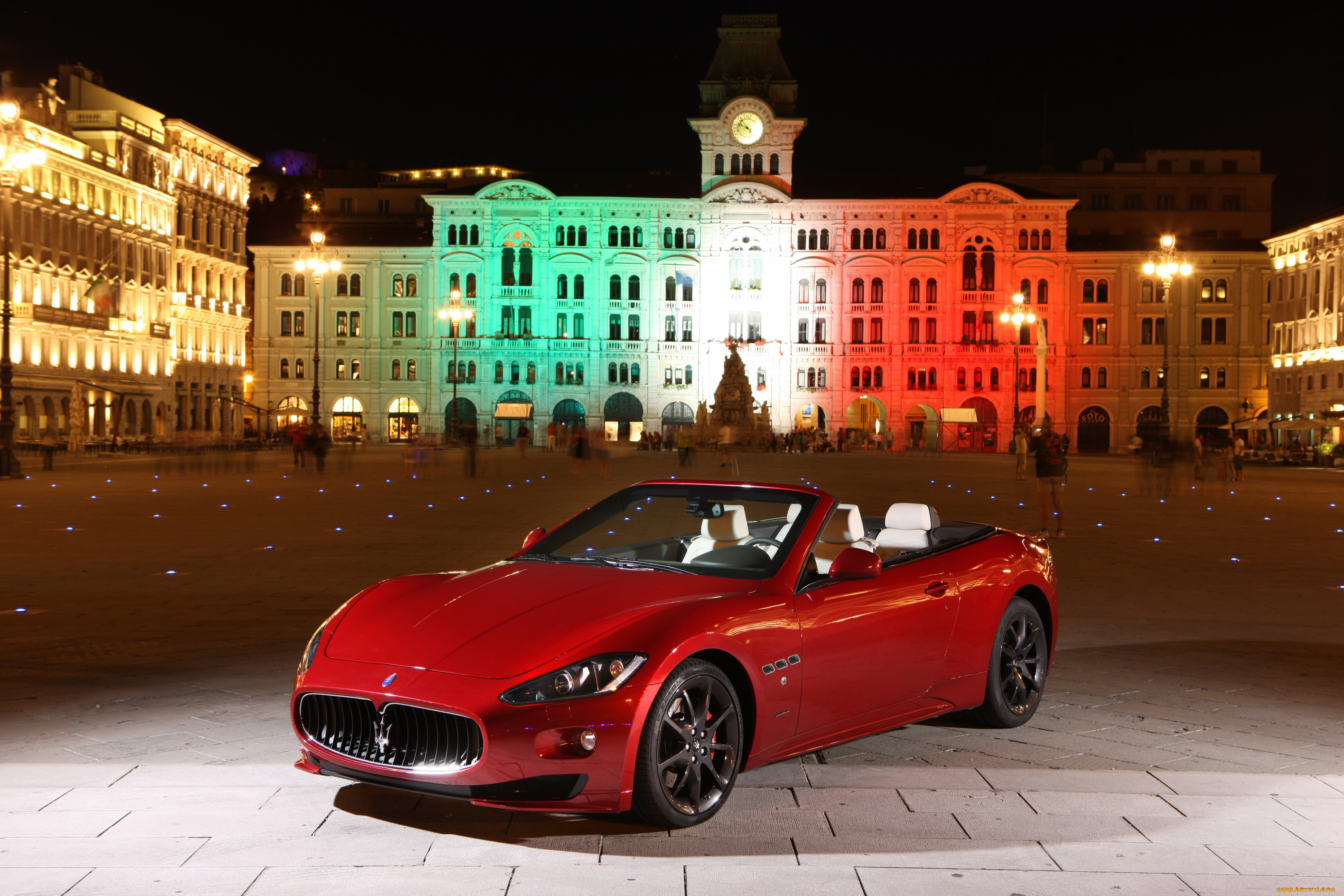 2011, maserati, grancabrio, sport, автомобили, maserati, ночь, красный, sport, grancabrio, площадь