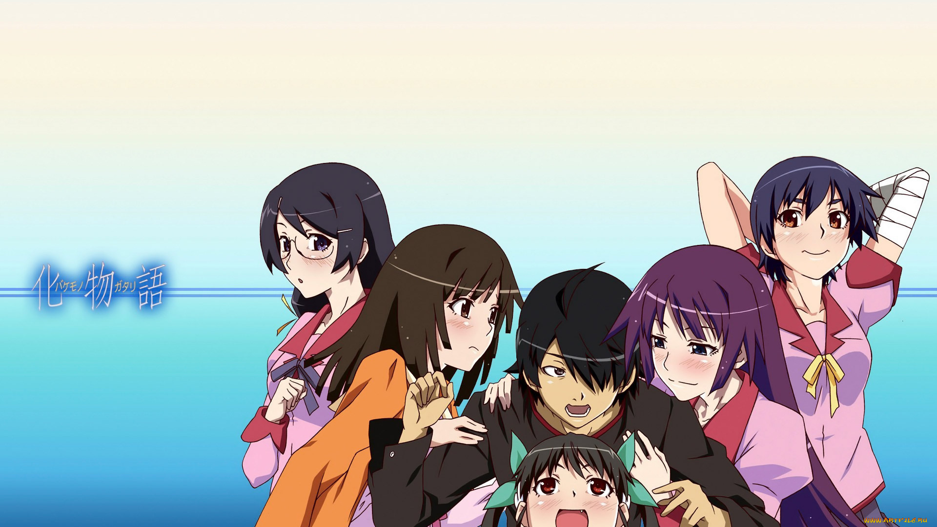 аниме, bakemonogatari, araragi, koyomi, sengoku, nadeko, hanekawa, tsubasa, hachikuji, mayoi, kanbaru, suruga, senjougahara, hitagi, девушки, мужчина