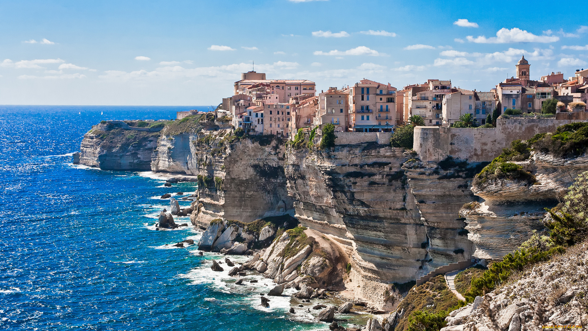 bonifacio, corsica, france, города, пейзажи, море, скалы, здания