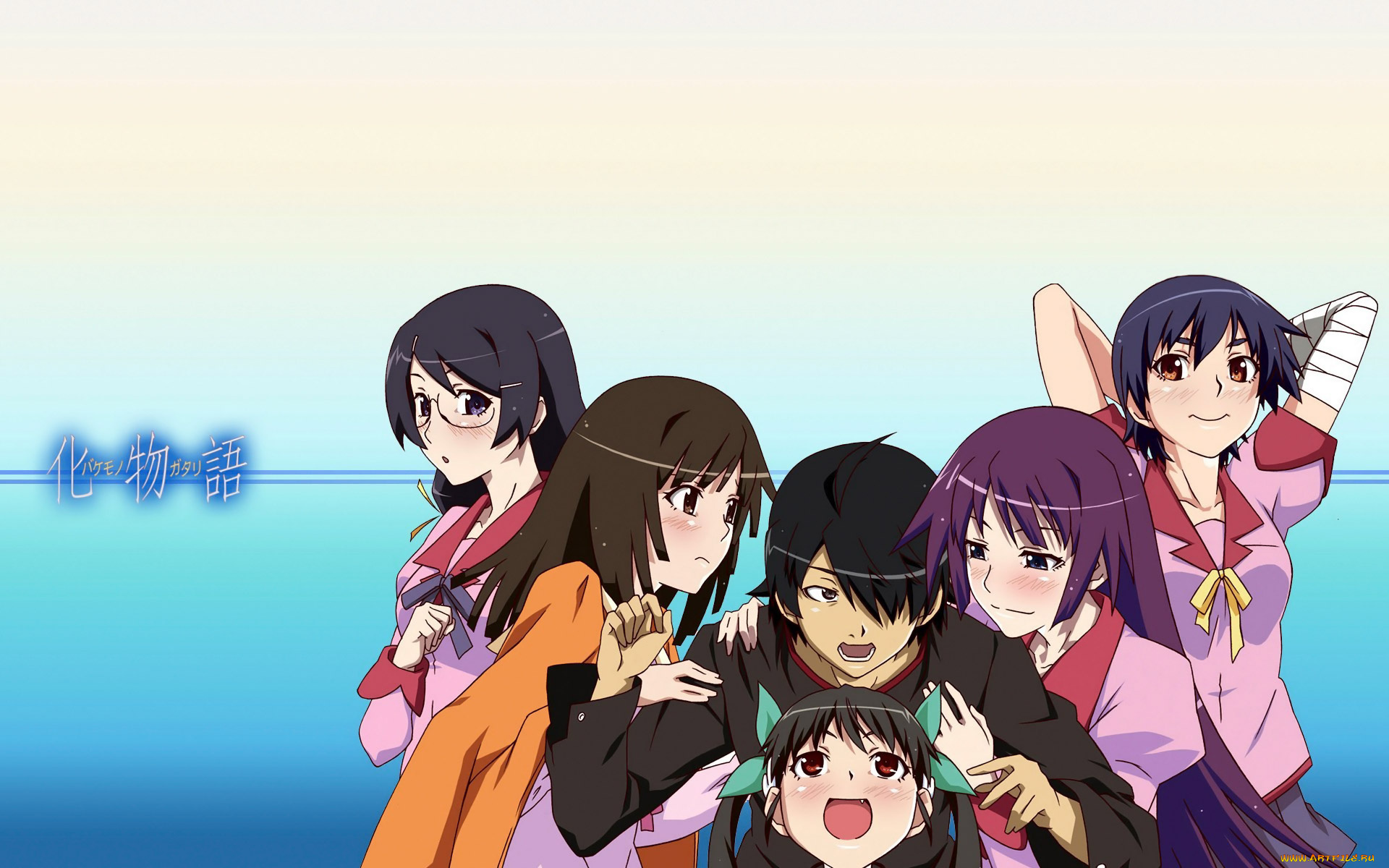 аниме, bakemonogatari, araragi, koyomi, sengoku, nadeko, hanekawa, tsubasa, hachikuji, mayoi, kanbaru, suruga, senjougahara, hitagi, девушки, мужчина