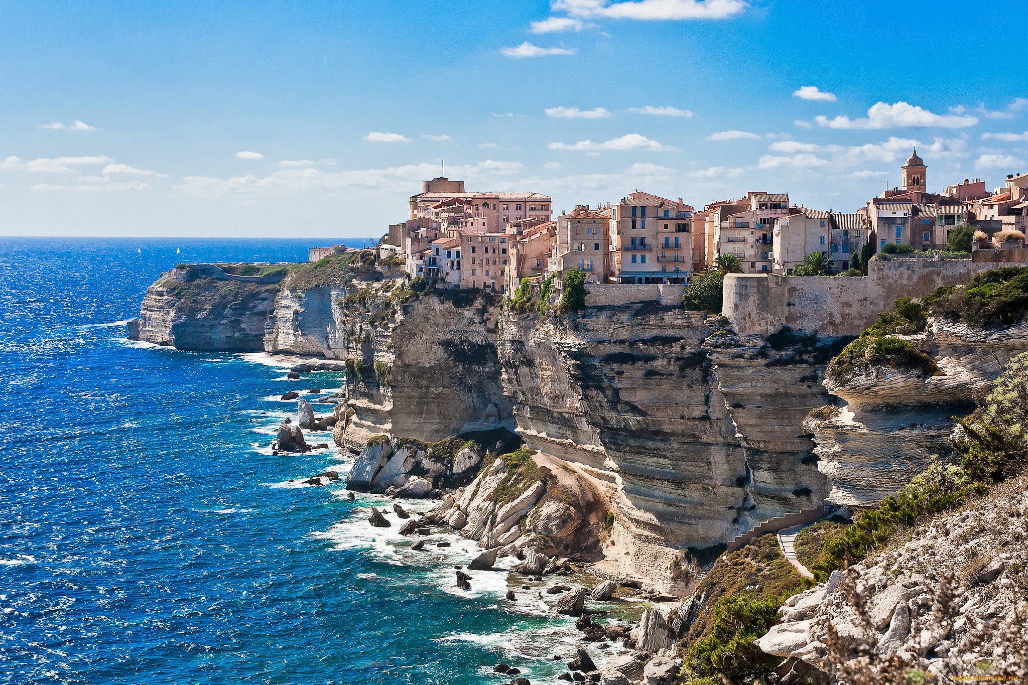 bonifacio, corsica, france, города, пейзажи, море, скалы, здания