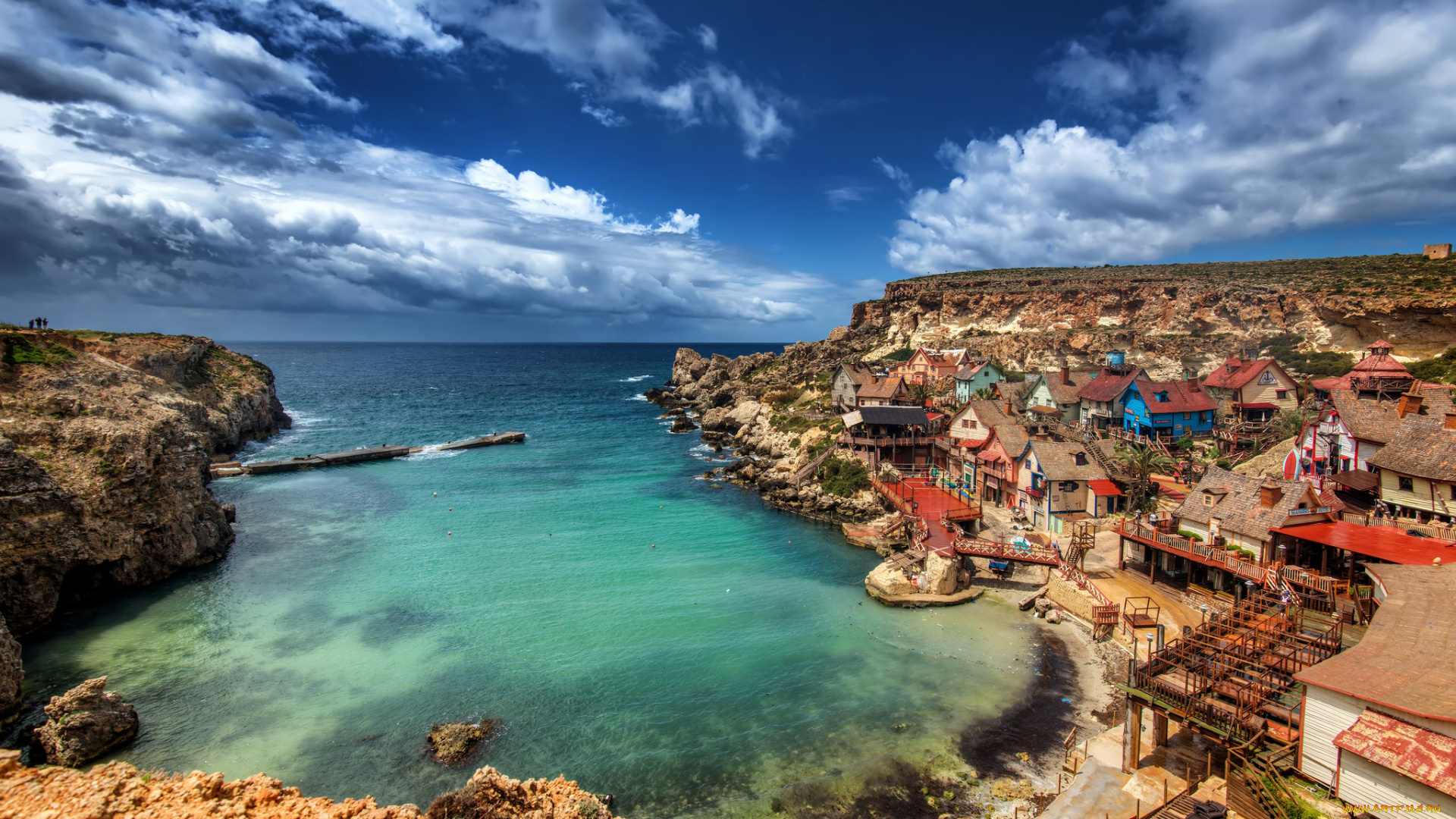 popeye, village, , malta, города, -, пейзажи, поселок, море, скалы, бухта