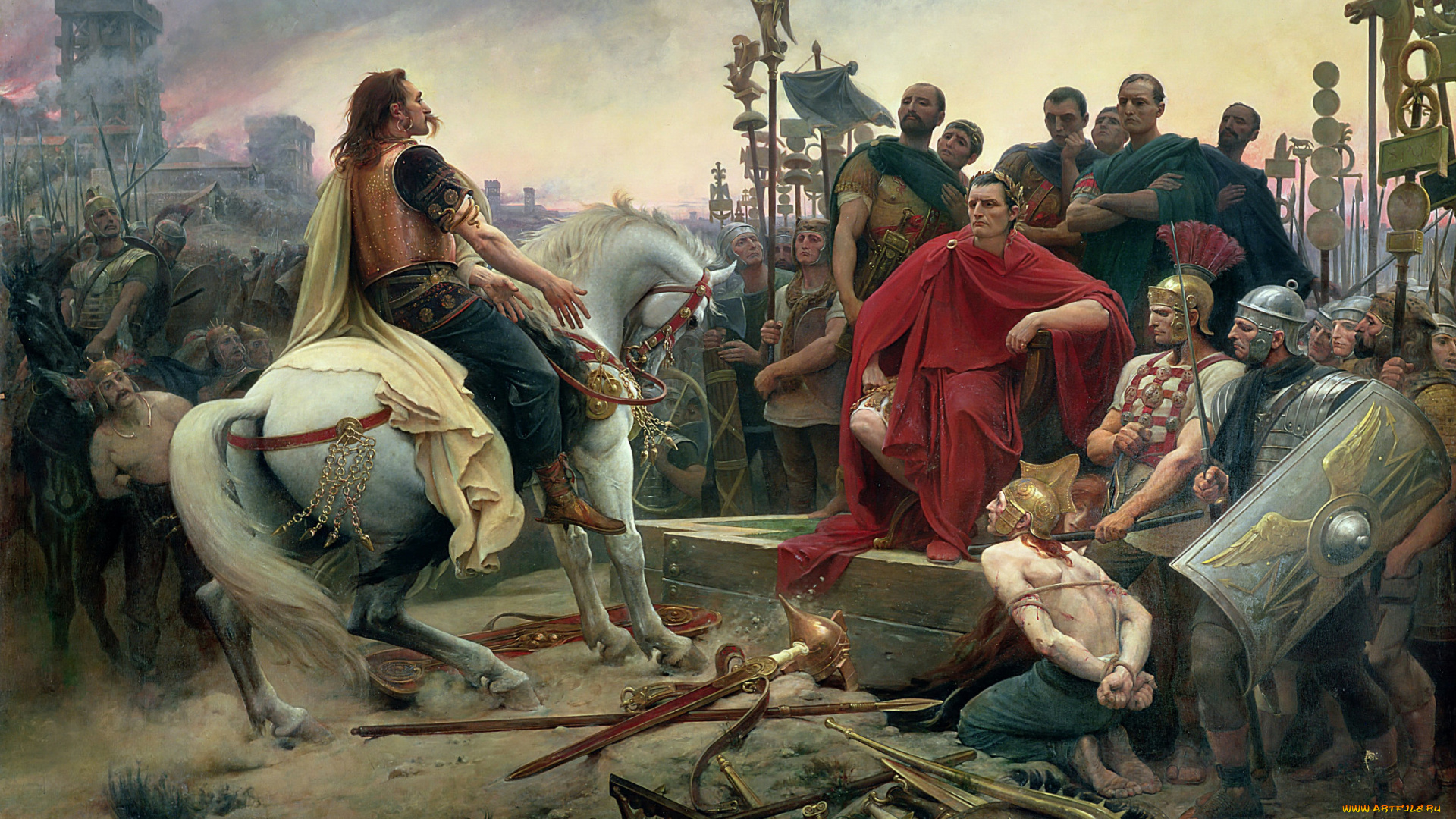 рисованное, живопись, юлий, цезарь, против, верцингеторикса, воины, лошадь