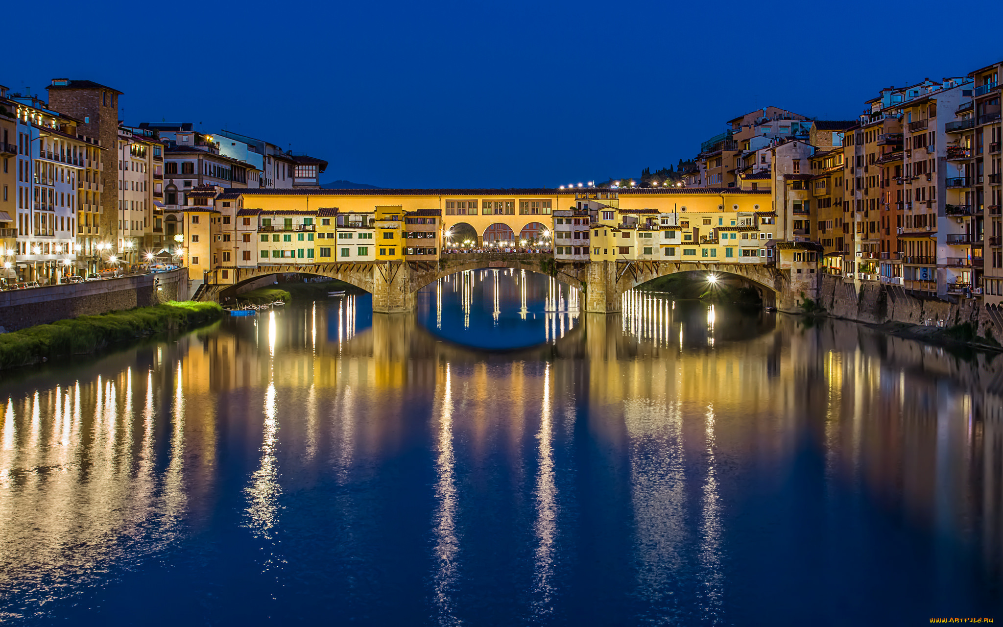 ponte, vecchio, города, флоренция, , италия, мост, огни, река, ночь