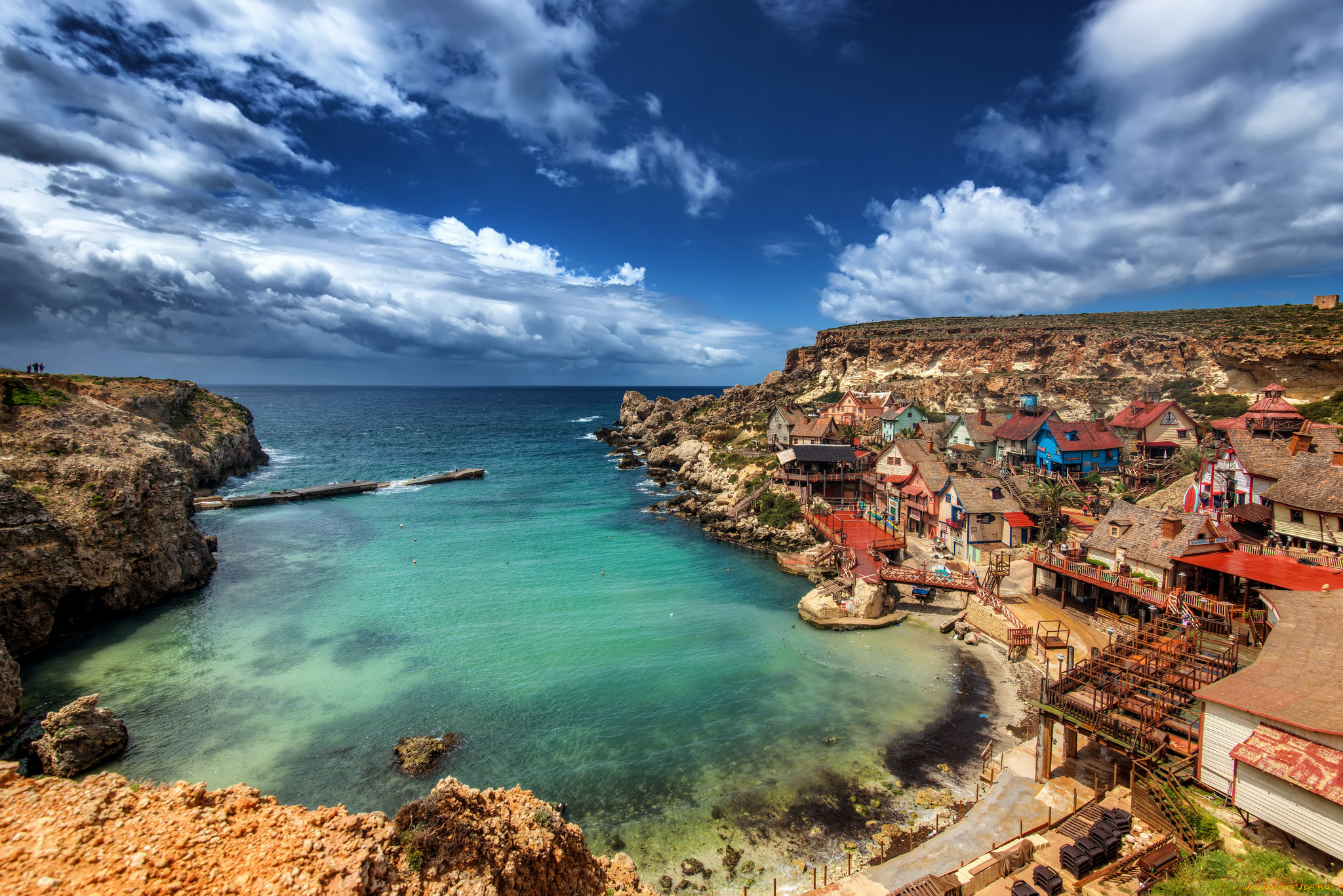 popeye, village, , malta, города, -, пейзажи, поселок, море, скалы, бухта