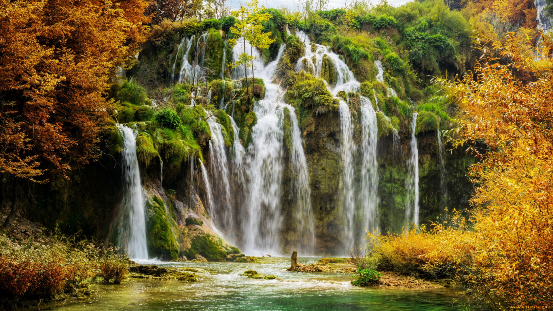 природа, водопады, хорватия, plitvice, national, park, озеро, скала, водопад, осень