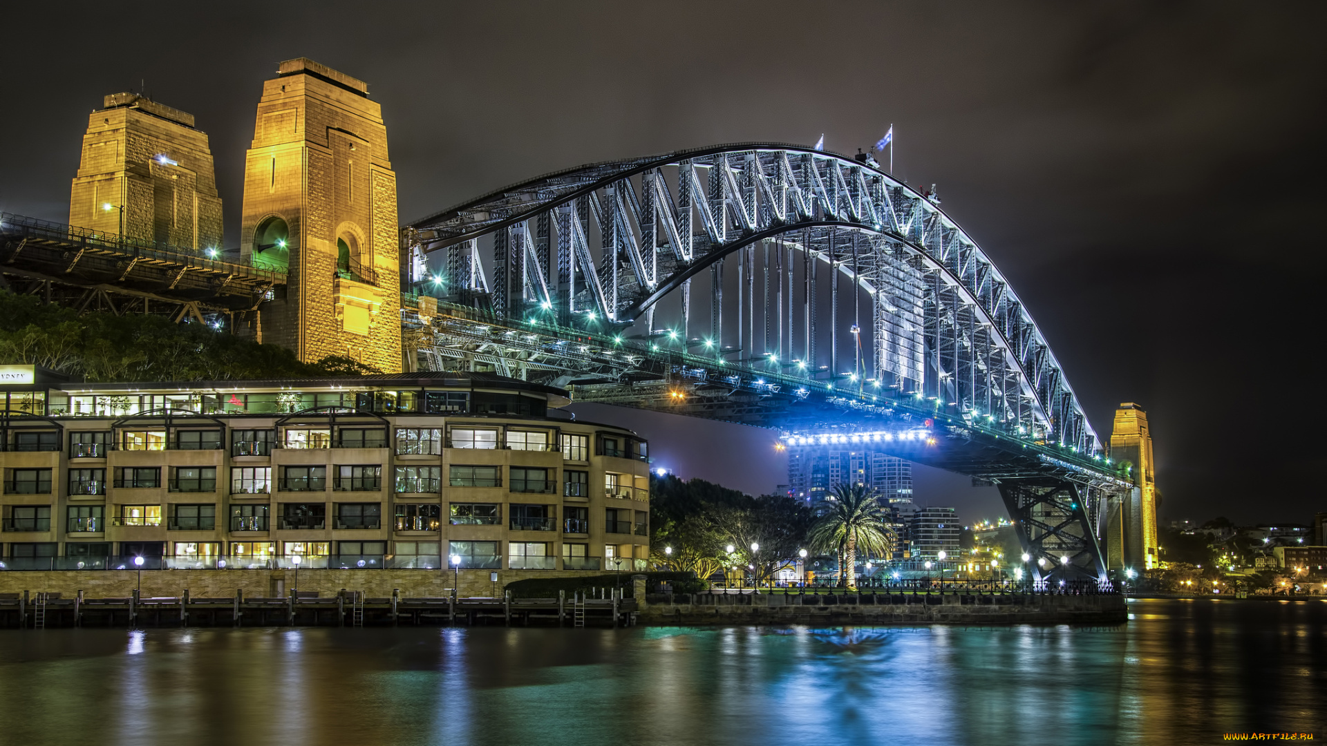 rocks, |, sydney, города, сидней, , австралия, ночь, бухта, мост