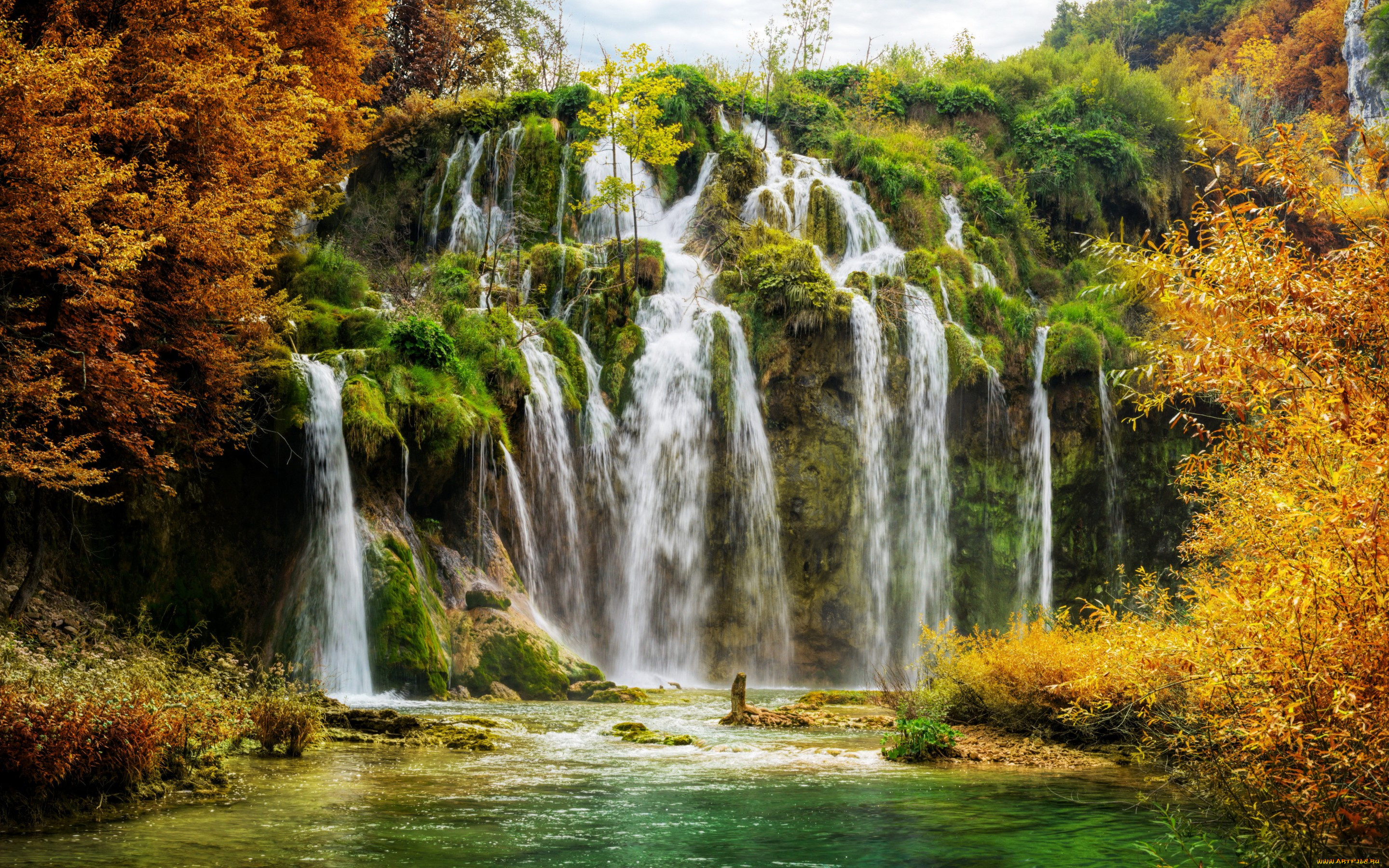 природа, водопады, хорватия, plitvice, national, park, озеро, скала, водопад, осень