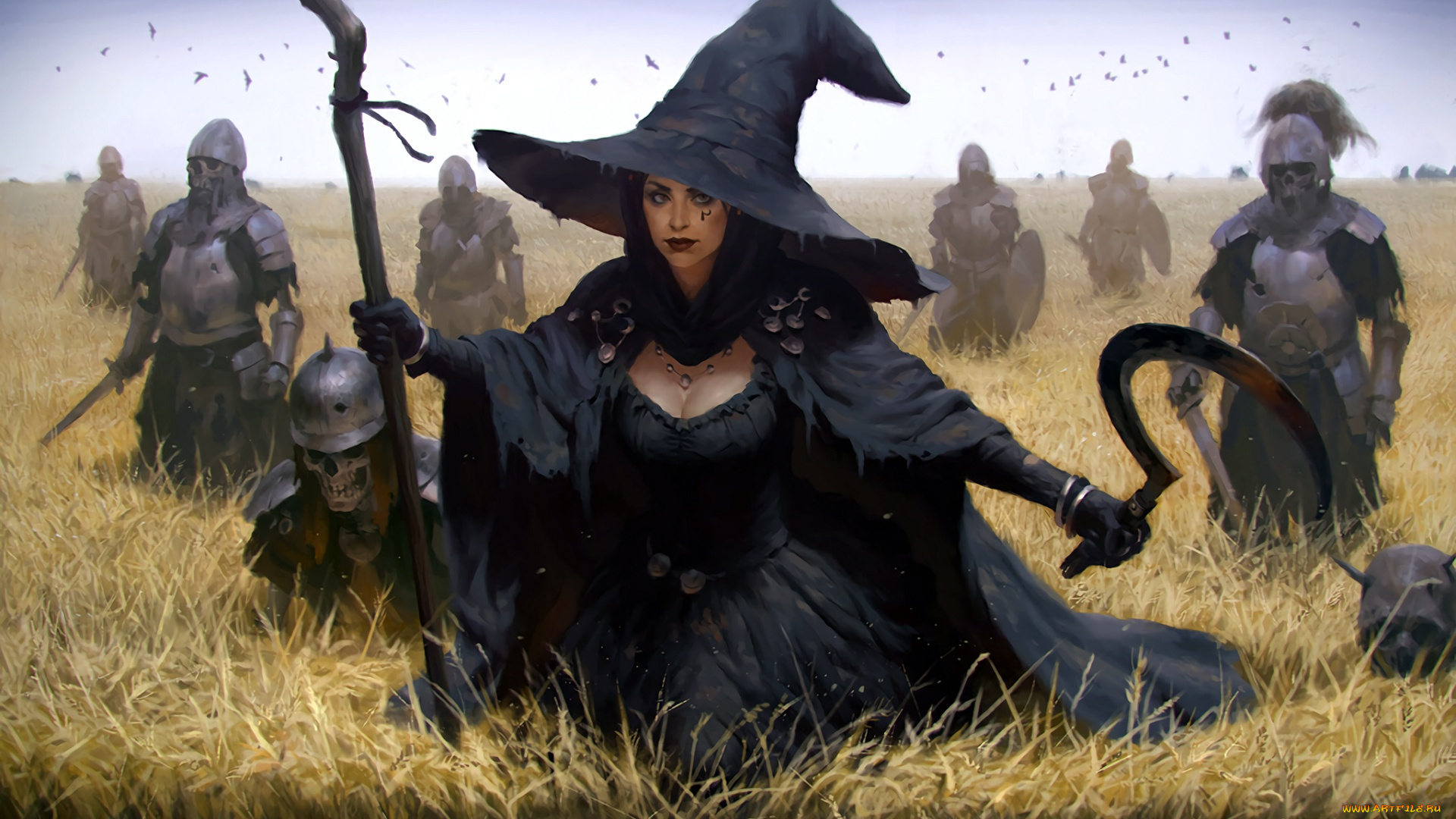 фэнтези, девушки, artwork, fantasy, art, hat, helmet, field, crow, staff, sickle, weapon, skeletons, armor, necromancer, wheat, stick, army, witch, sword