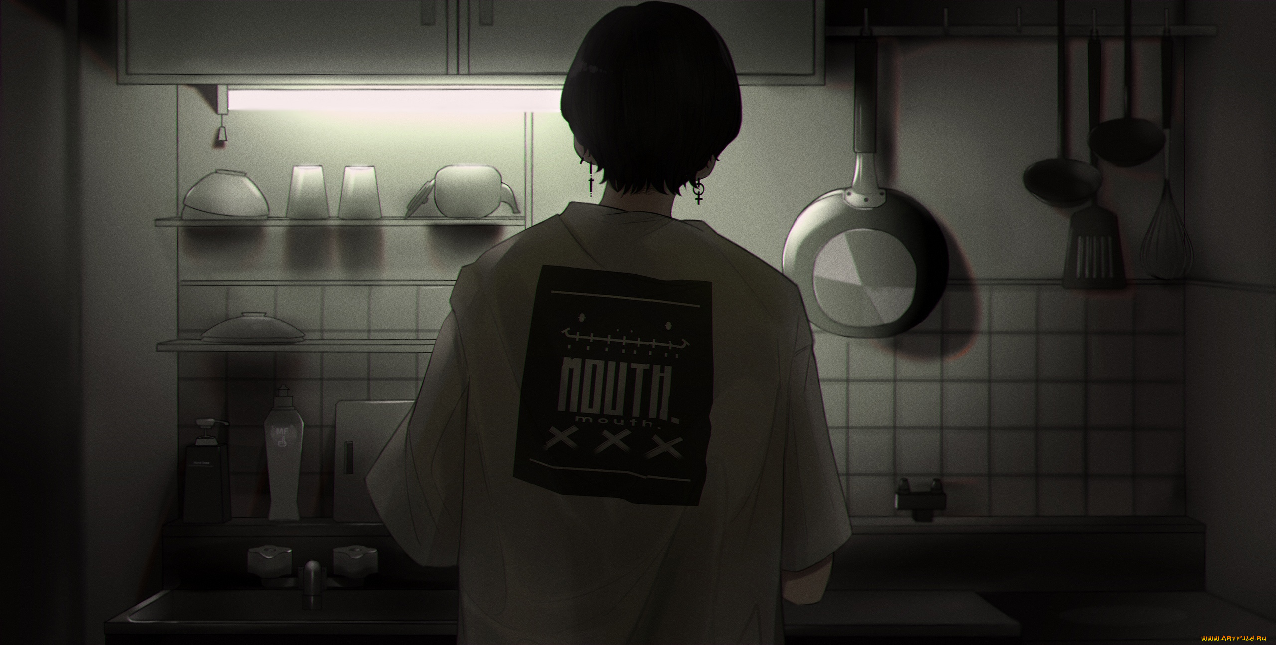 аниме, unknown, , другое, , парень, футболка, кухня, свет