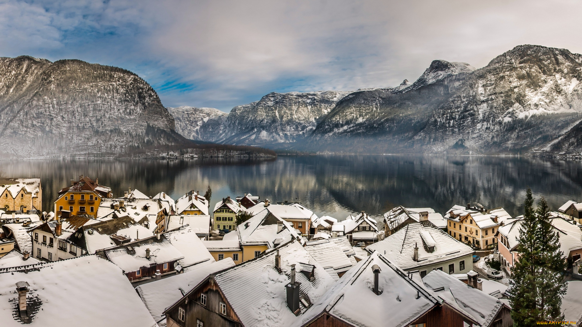 города, -, пейзажи, зима, крыши, дома, горы, озеро, lake, hallstatt, alps, альпы, гальштатское, австрия, гальштат, austria, панорама