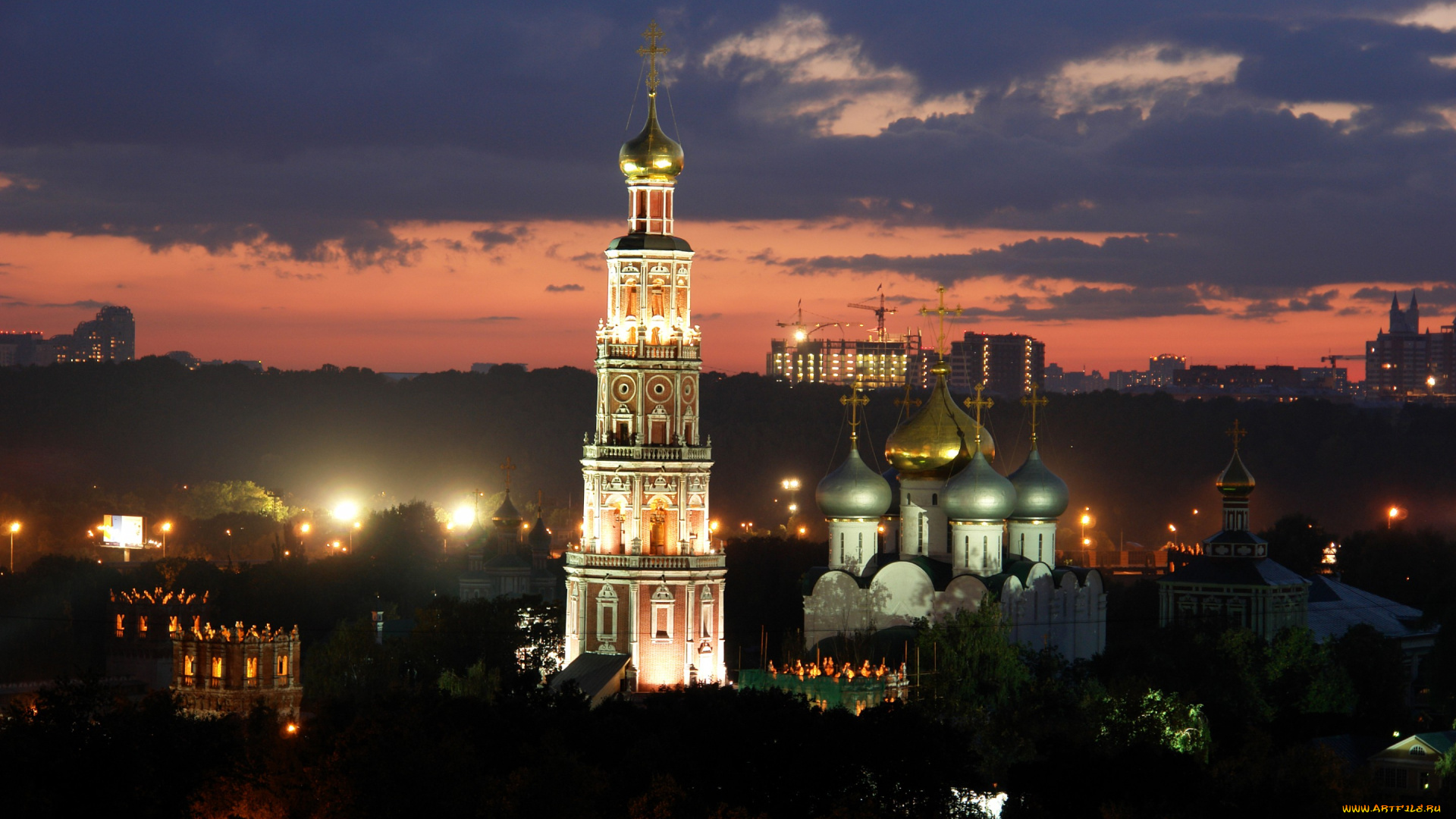 города, москва, , россия, ночь, монастырь, novodevichy, convent, москва, купола, башня, огни