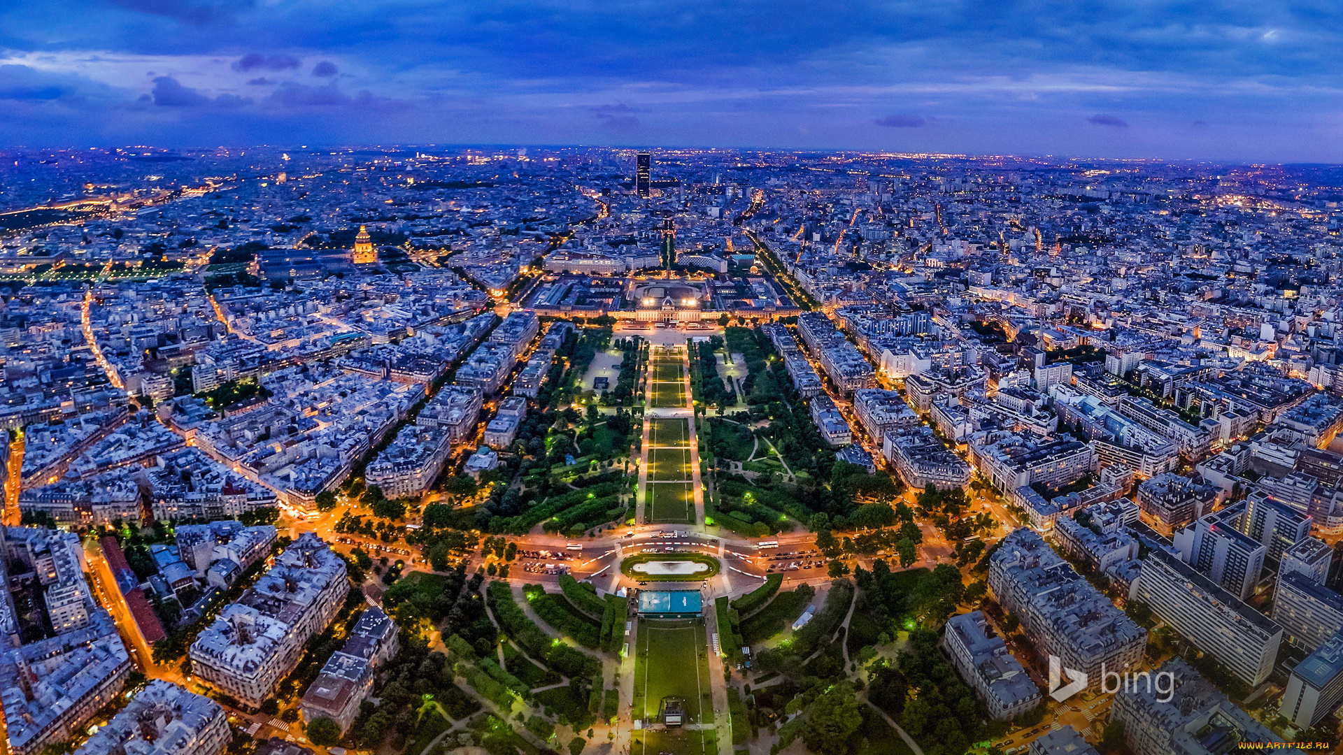 города, париж, , франция, панорама, париж, вид, с, эйфелевой, башни, огни, ночь