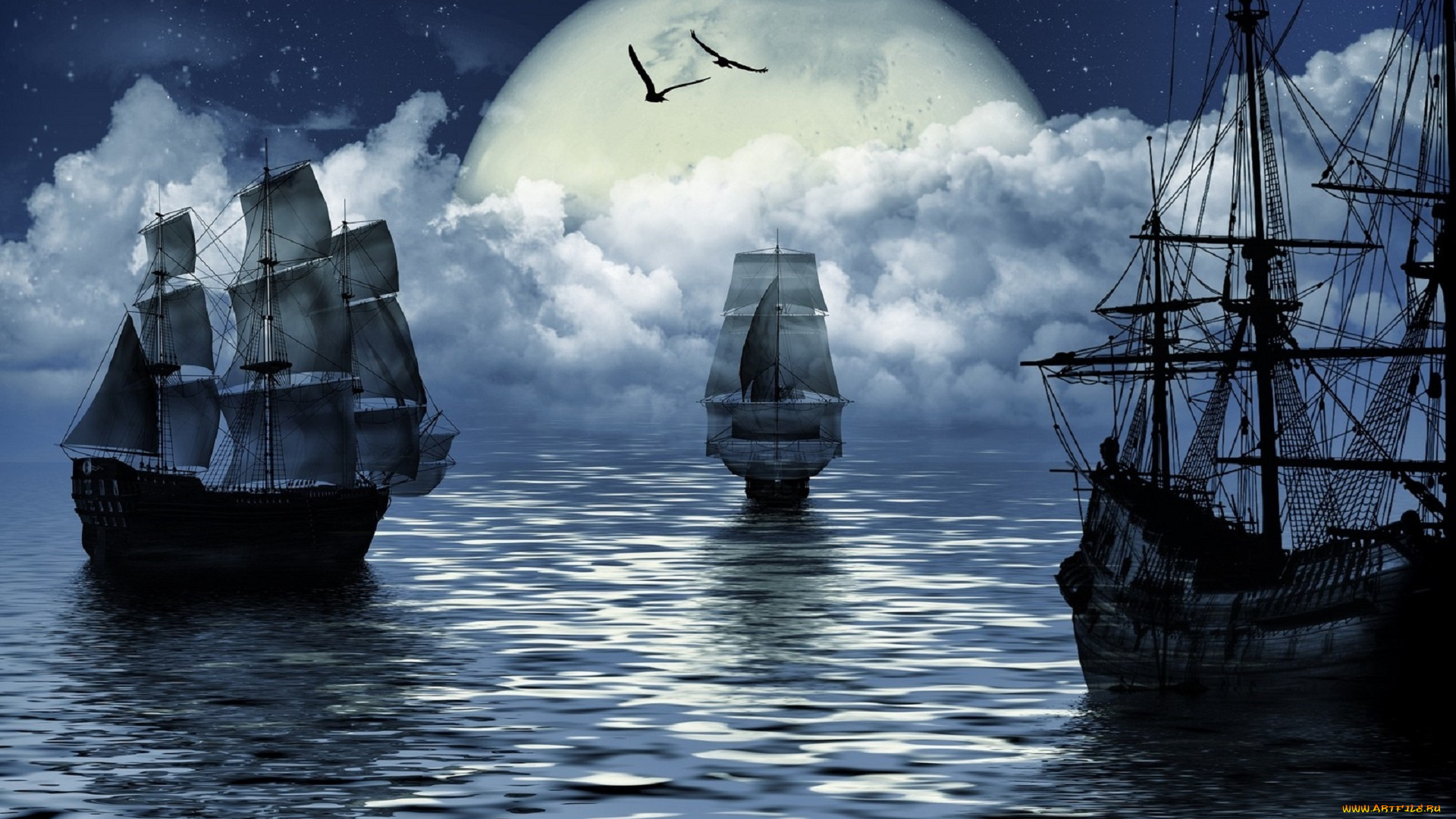 корабли, 3d, moon, sea, парусный, спорт, корабль, море, луна, фантазия, sailing, ship