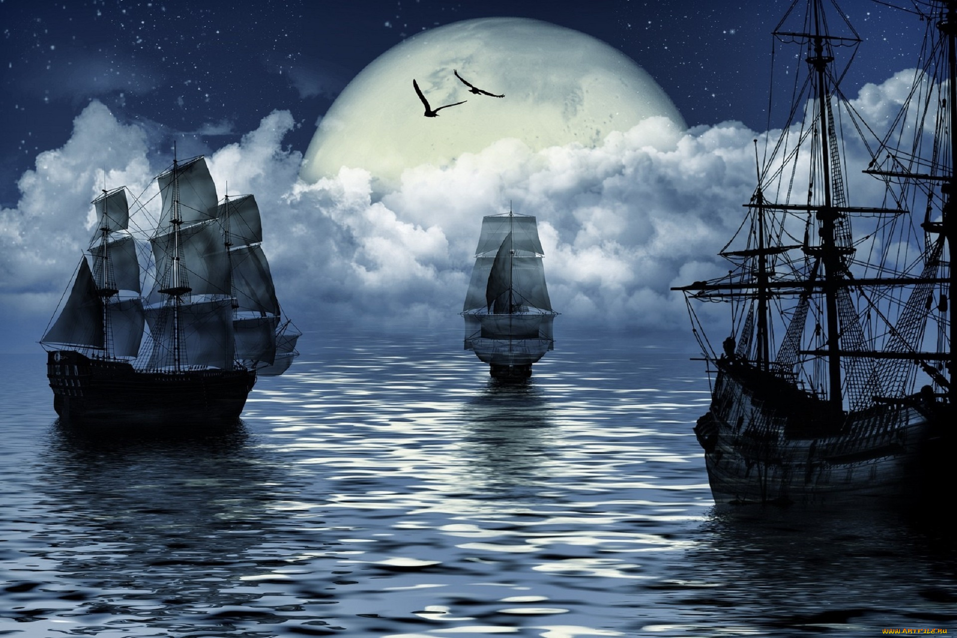корабли, 3d, moon, sea, парусный, спорт, корабль, море, луна, фантазия, sailing, ship