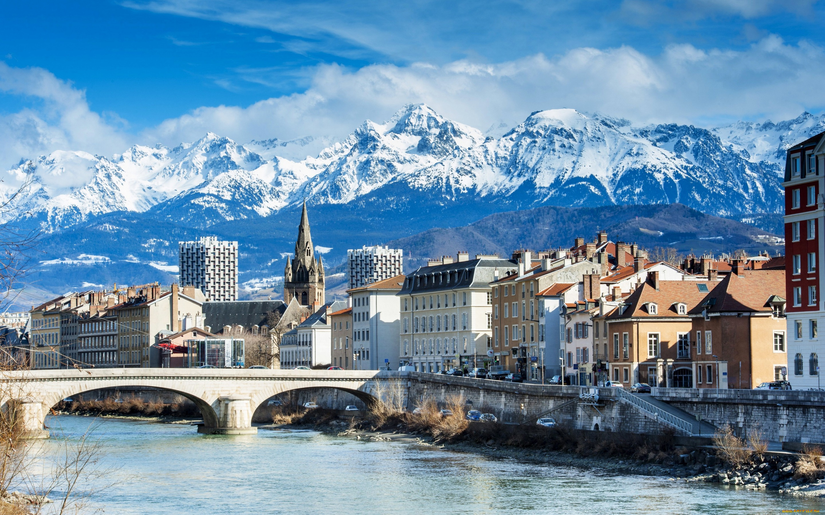 города, -, пейзажи, пейзаж, дома, мост, река, франция, гренобль, grenoble, облака, снег, альпы, горы