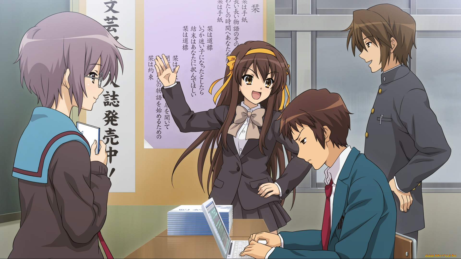 аниме, the, melancholy, of, haruhi, suzumiya, фон, взгляд, девушки