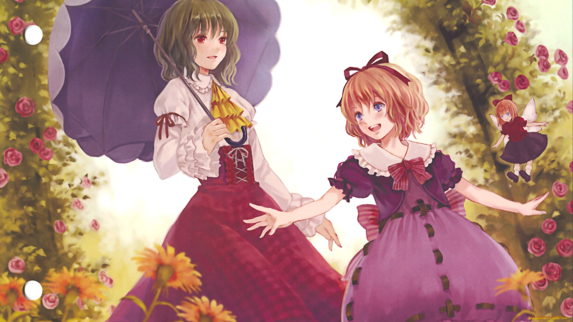 аниме, touhou, sanba, fukahire, art, арка, радость, бант, розы, kazami, yuuka, календула, зеленые, волосы, зонт, cirno, medicine, melancholy