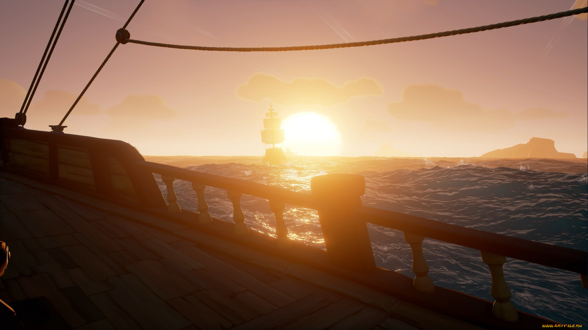 видео, игры, sea, of, thieves, закат, море, корабль