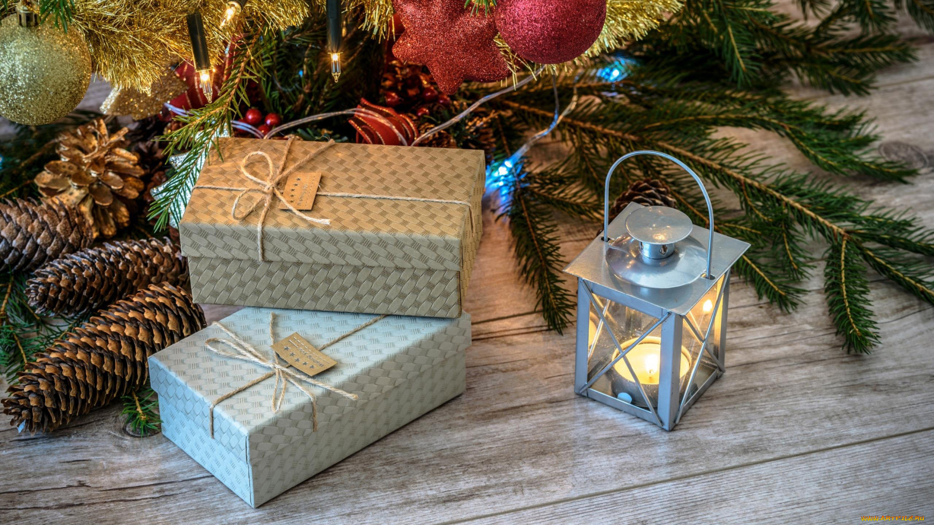 праздничные, подарки, и, коробочки, свеча, подарки, шарики, шишки