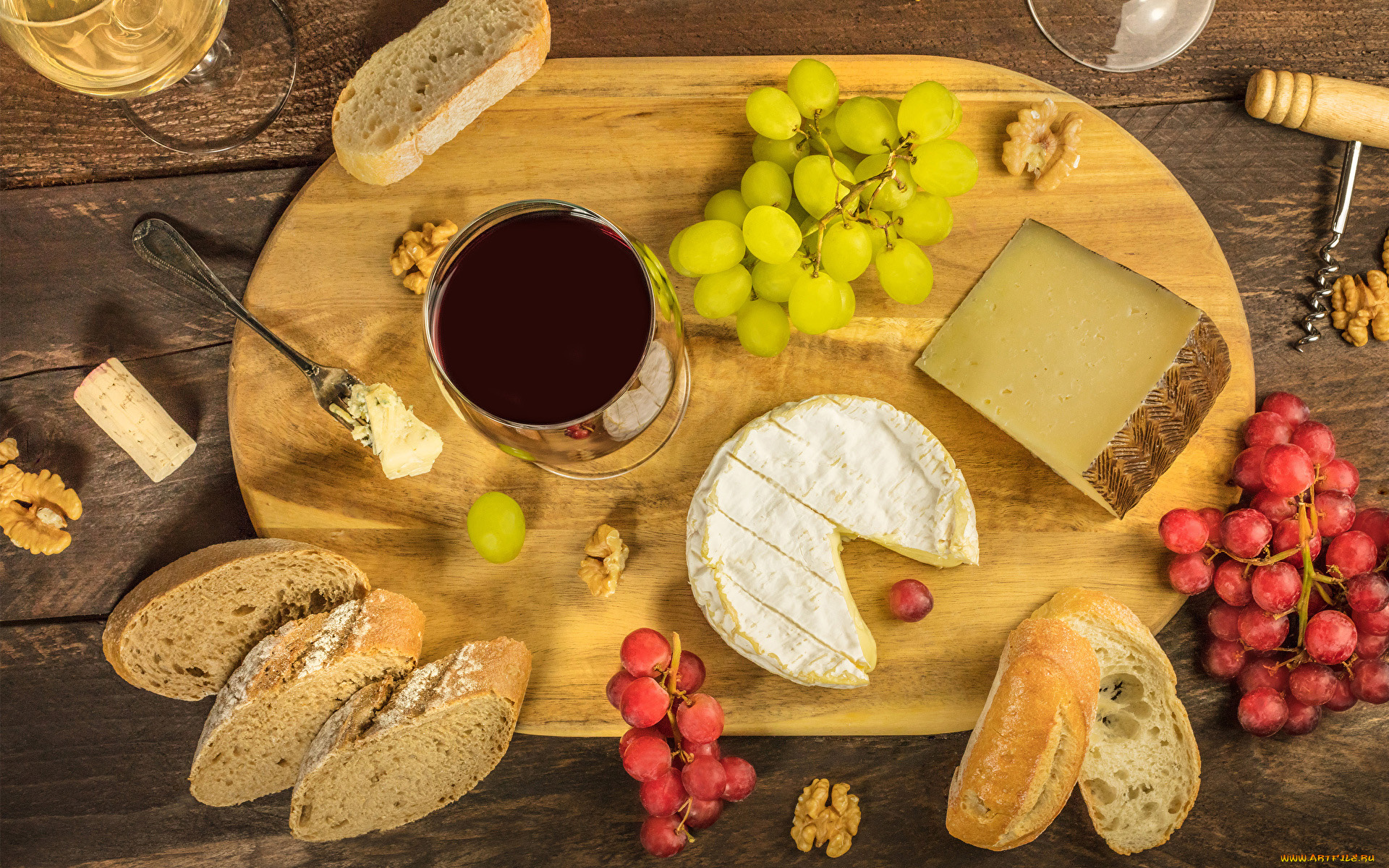 еда, разное, сыр, хлеб, виноград, вино
