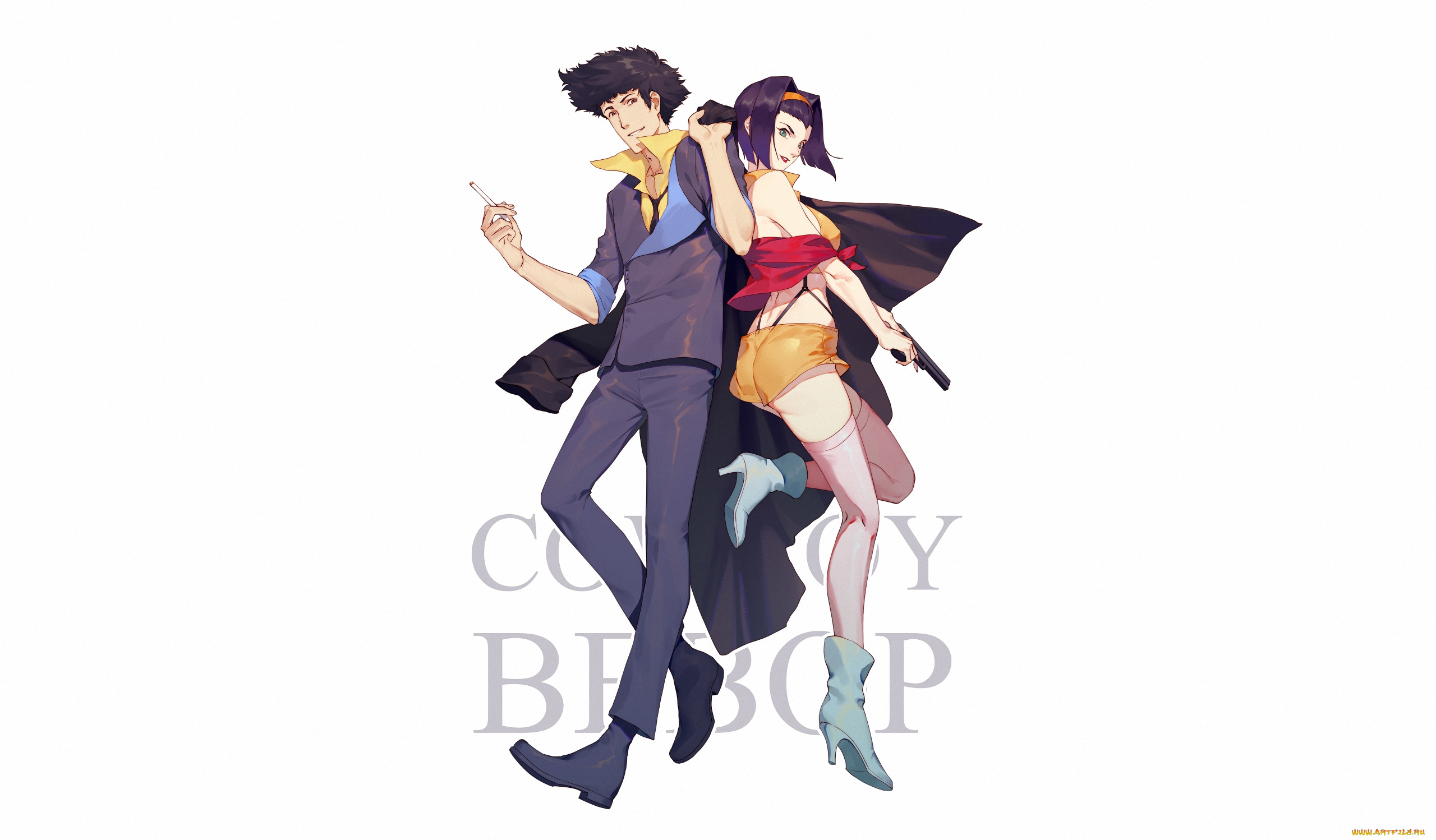 аниме, cowboy, bebop, девушка, мужчина, spike, spiegel, faye, valentine, оружие, сигарета