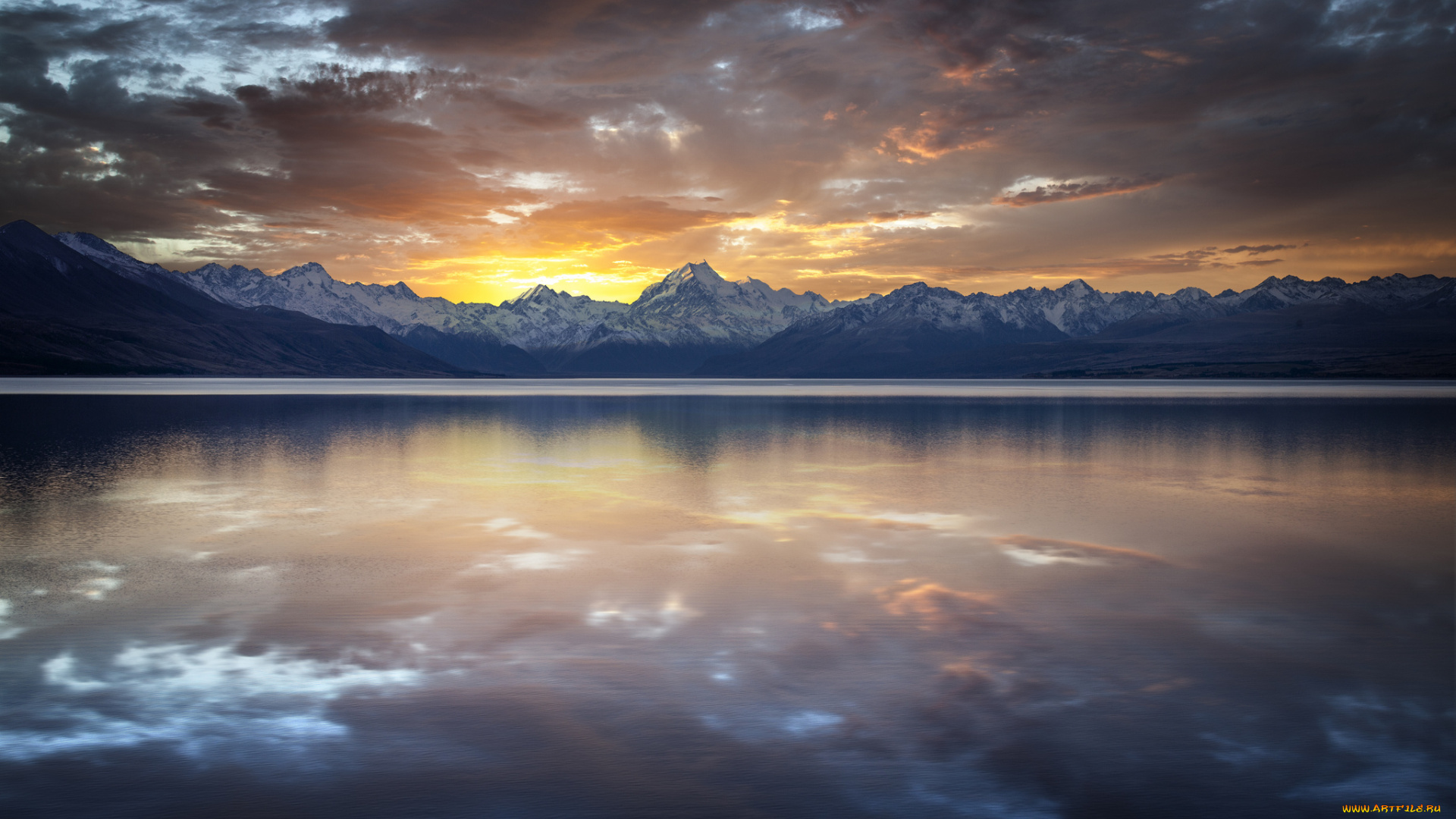 lake, pukaki, and, mount, cook, new, zealand, природа, реки, озера, озеро, горы, новая, зеландия, закат